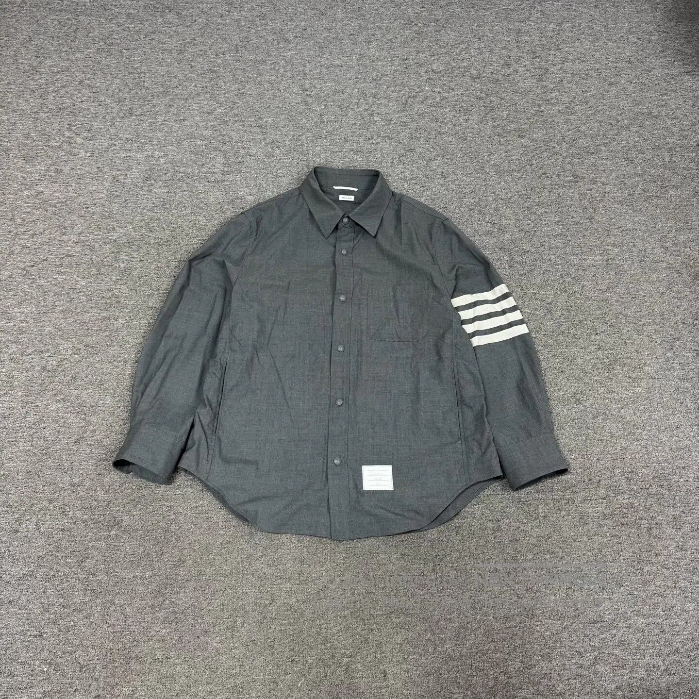 Thom Browne Thom Browne Gray four-stripe wool long-sleeved shirt-style Size US L / EU 52-54 / 3 - 1 Thumbnail