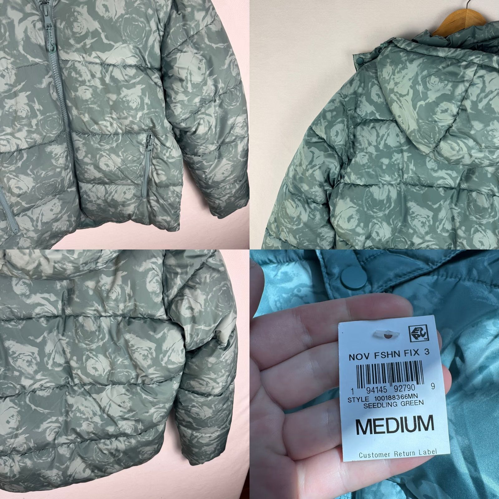 Vintage Mode of One Puffer Jacket Hooded Medium Seedling Green Floral Rose Camo Mens Size US M / EU 48-50 / 2 - 8 Thumbnail