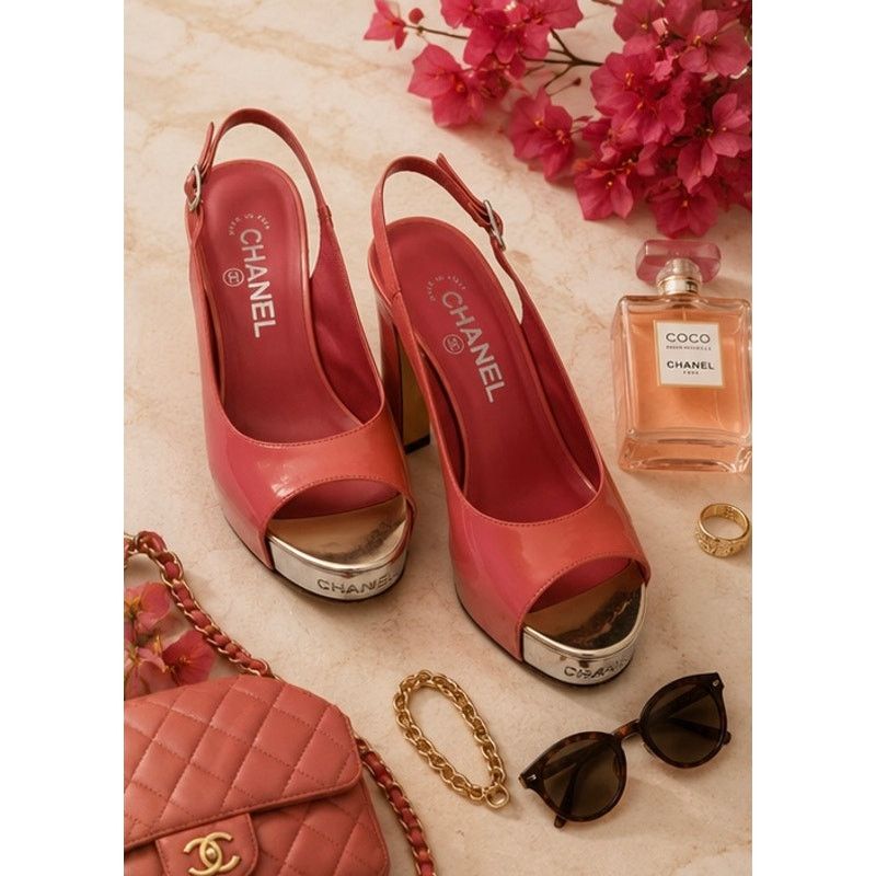 Chanel Chanel Pink Patent Platform Block Heel Sling Backs size 37.5 Size US 7.5 / IT 37.5 - 2 Thumbnail