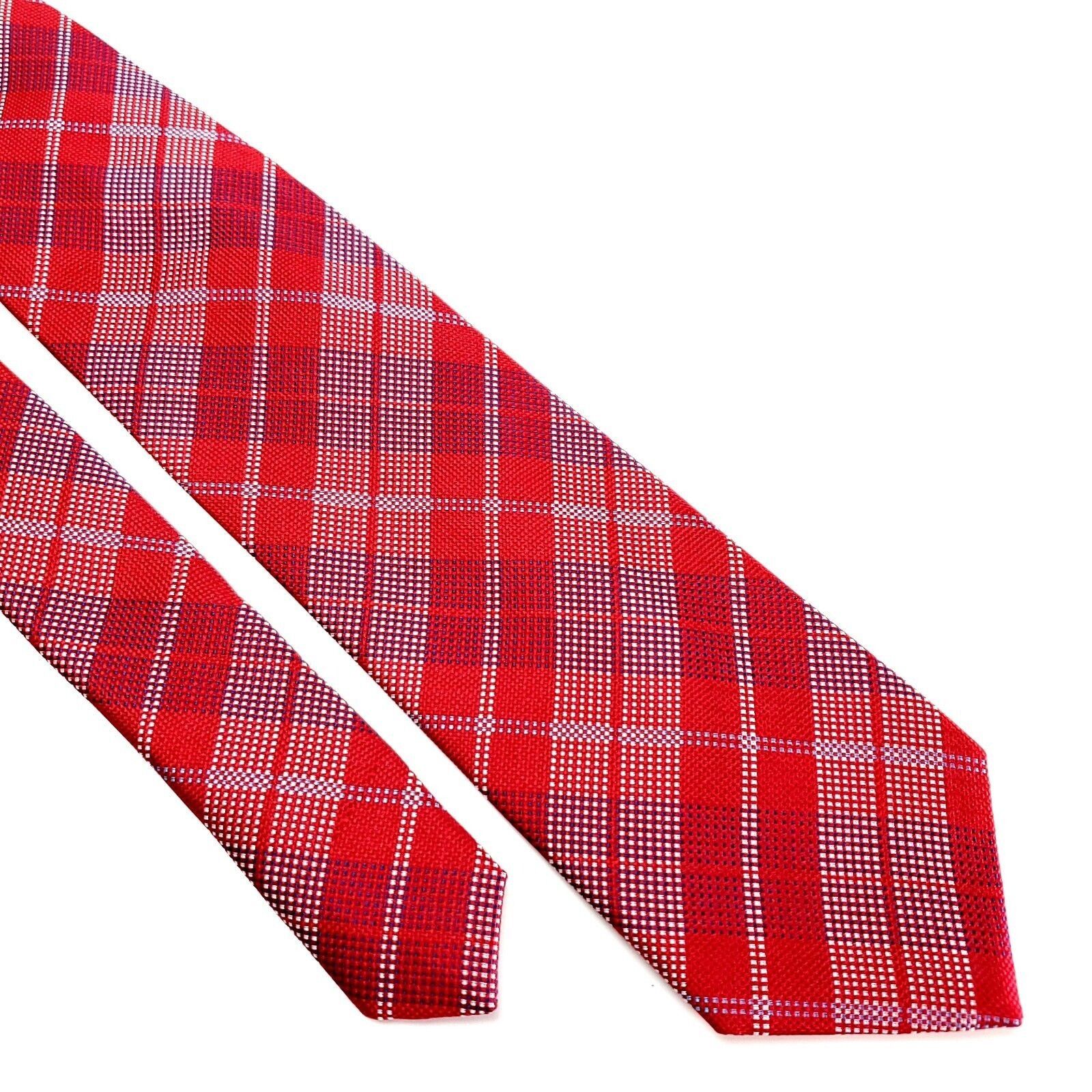 Designer Michelsons Silk Tie Red Plaid Woven Short Skinny Size ONE SIZE - 1 Thumbnail