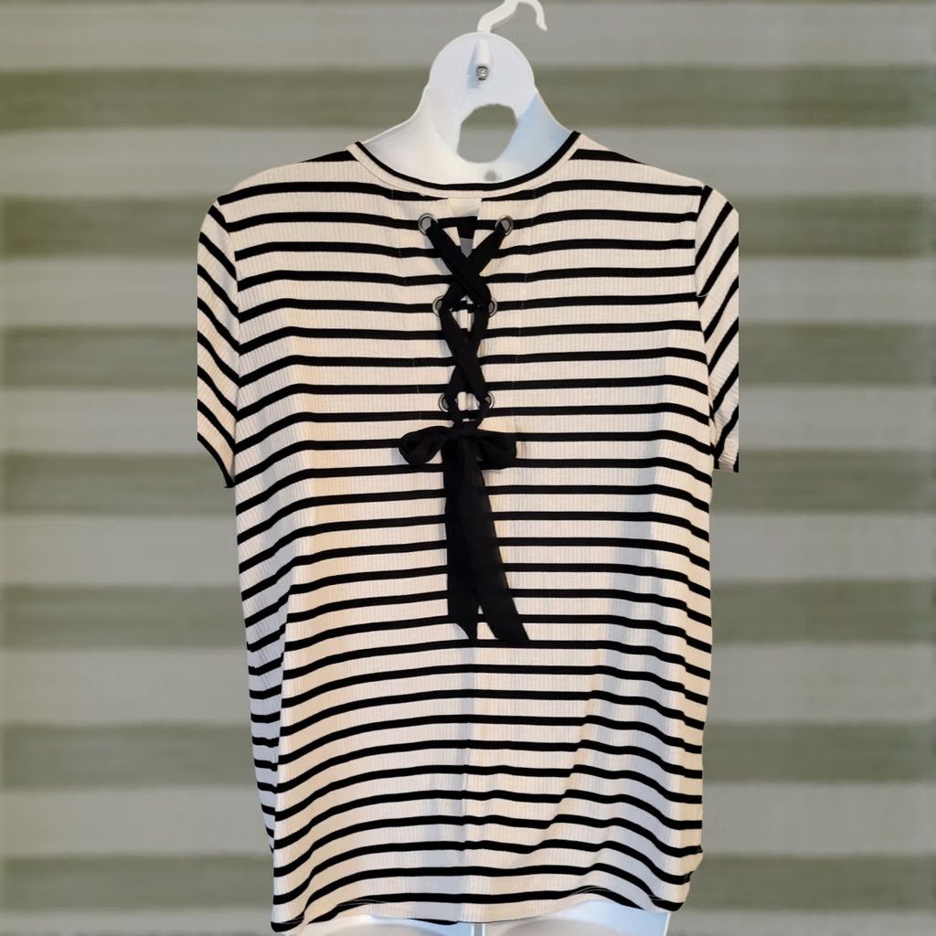 Vintage Boutique Beatnik Stripe Lace Back Top T-Shirt 2X White Nautical Casual Plus Womens Size XXL / US 16-18 / IT 52-54 - 1 Thumbnail