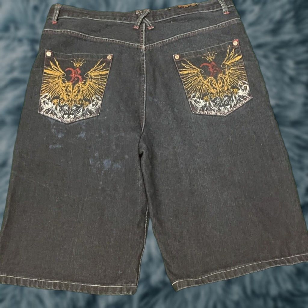 VINTAGE Royal Baggy Skater Grunge Jean Shorts VTG Mens Size 42 Crown Wings Black Embroidered Y2K Wings Crown Skater Grunge Punk Hip Hop Cyber