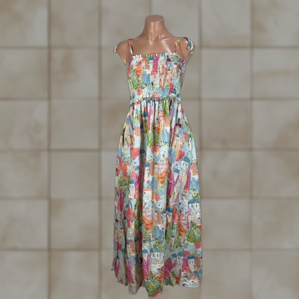 VINTAGE Entro Dress Midi Sleeveless Smocked Tie Shoulder Floral Multicolor Greece Women M