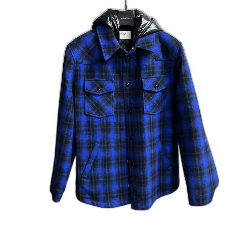 Celine celine Black and blue plaid printed logo hoodie jacket Size US XL / EU 56 / 4 - 1 Thumbnail