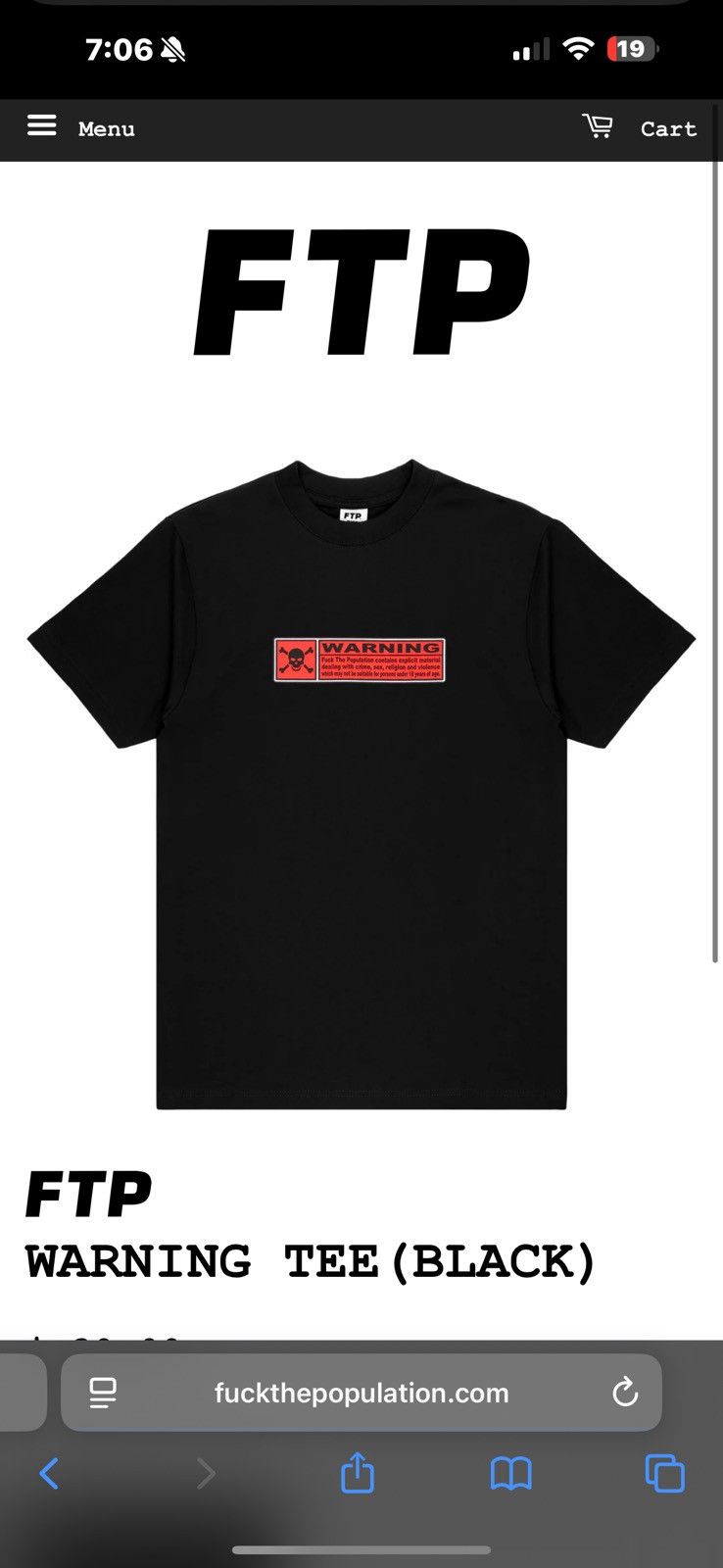 Fuck The Population FTP WARNING TEE (BLACK) Size US M / EU 48-50 / 2 - 2 Thumbnail