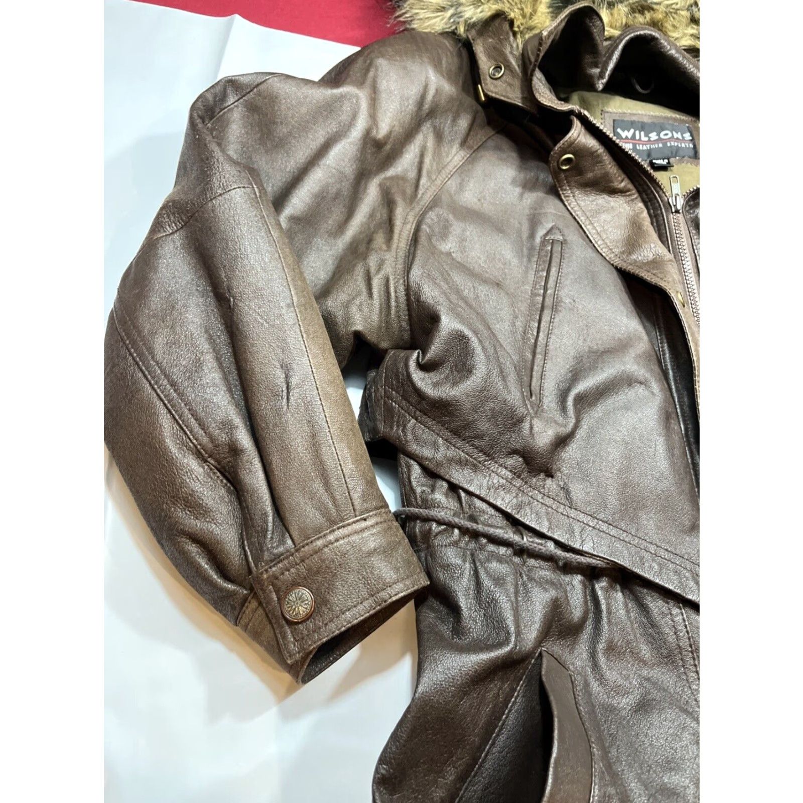 Vintage VINTAGE Wilson’s Leather Brown Leather Jacket Zip Snap Lined Fur Hooded Cinch Ties M Size M / US 6-8 / IT 42-44 - 7 Thumbnail