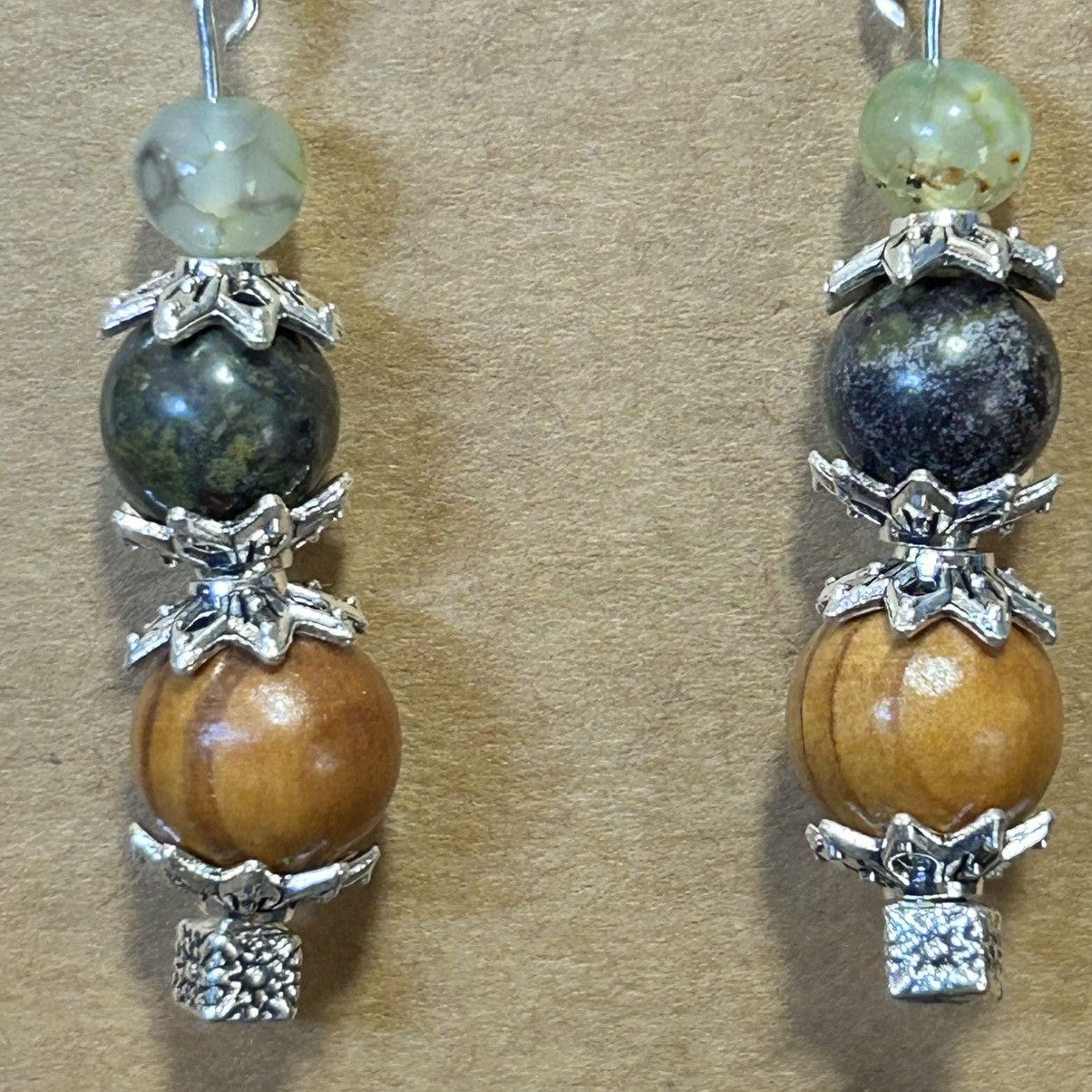Handmade Handcrafted vintage wood bead dragon vein agate earrings Size ONE SIZE - 3 Thumbnail