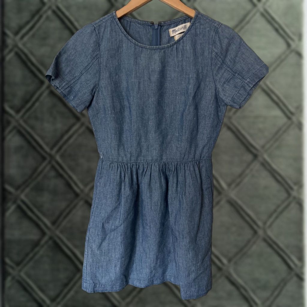 Madewell Dress Chambray Blue Scoop Neck Cotton Linen Pockets Women Fit &  Flare 0 Dress Knee