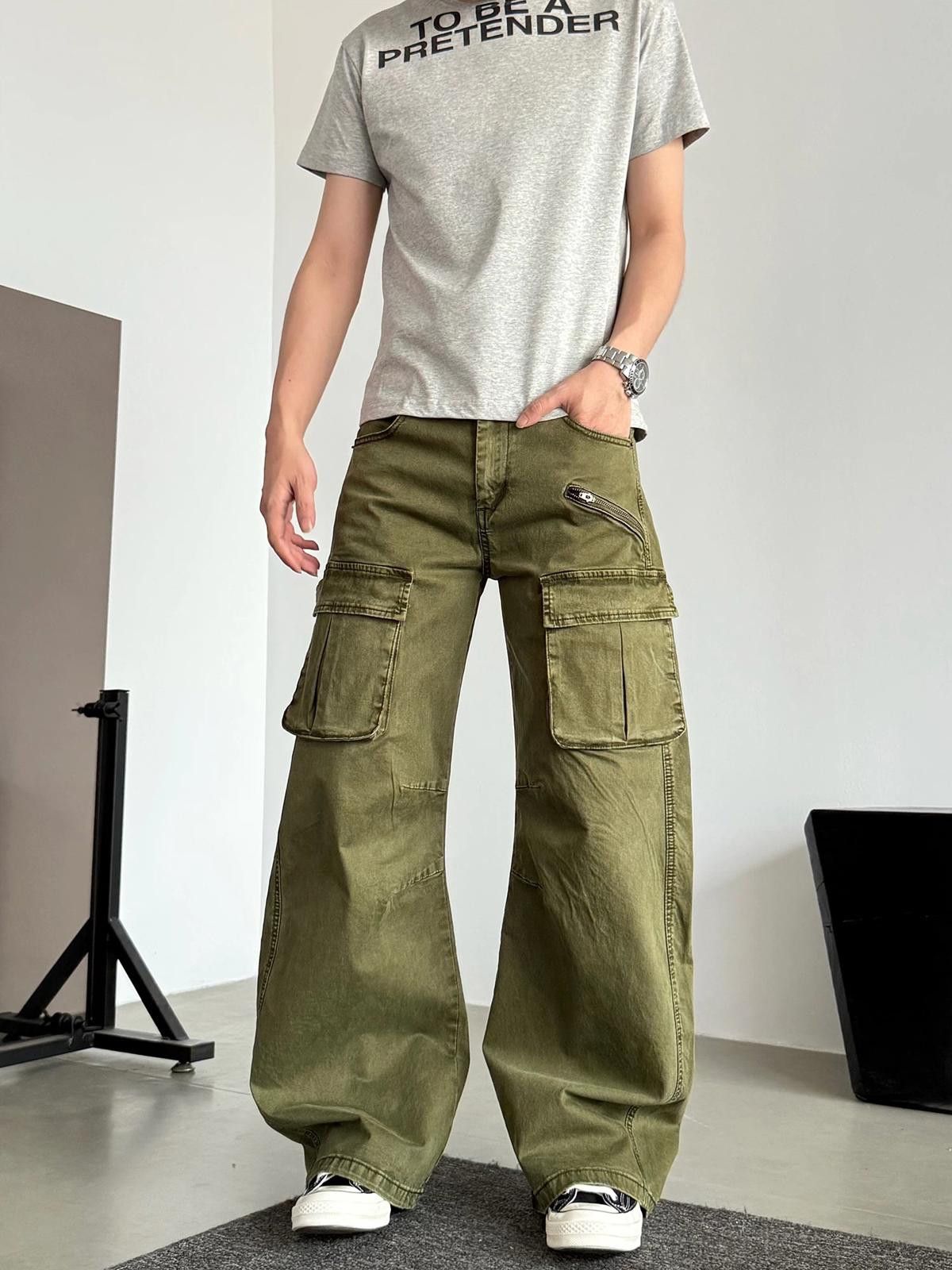 Japanese Brand Wide-Leg Cargo Pants in Olive Green Size US 32 / EU 48 - 2 Thumbnail