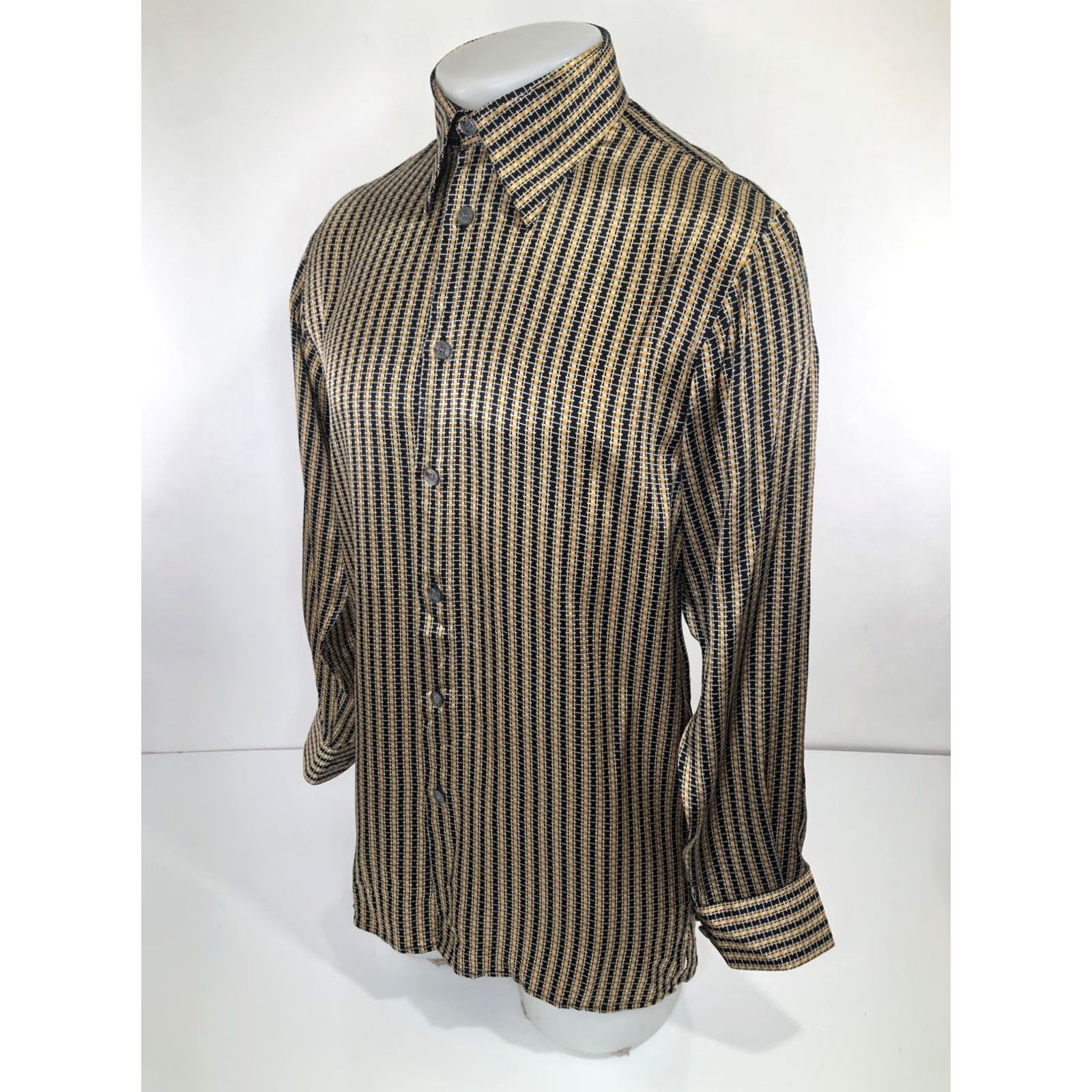 Vintage BERNINI PLATINUM Silk Geometric Stripe S Shirt Mens Long Sleeve Button-Up Black / Gold / Beige Size US S / EU 44-46 / 1 - 4 Thumbnail