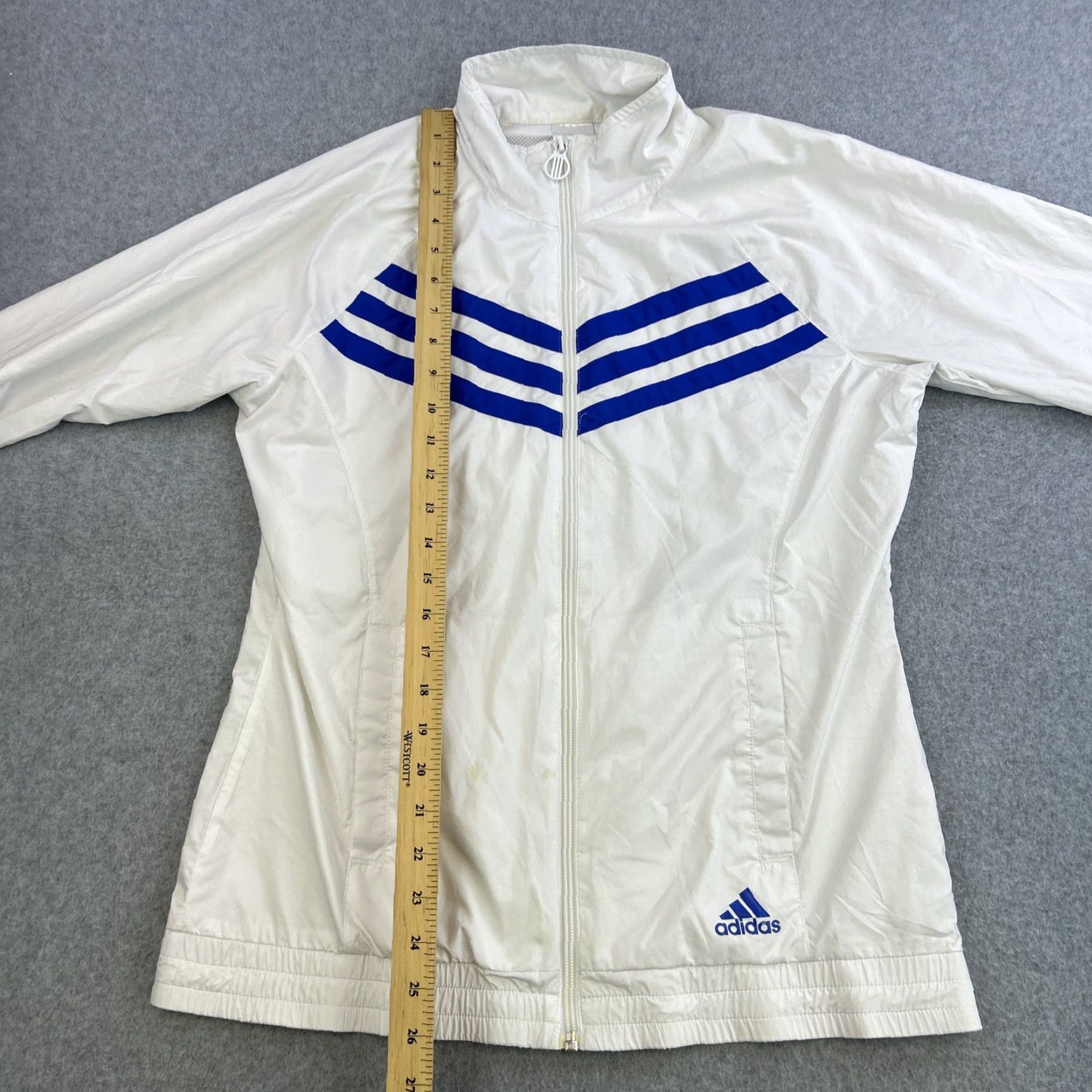 Adidas Adidas Jacket Womens Medium White Blue Full Zip High Neck Windbreaker Track Jacket Women M White Blue Full Zip Windbreaker Track Size M / US 6-8 / IT 42-44 - 3 Thumbnail