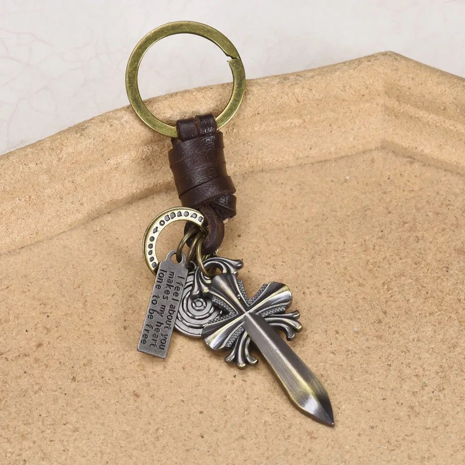 Vintage Vintage Woven Cowhide Keychain Pendant Bronze Cross Pendant Size ONE SIZE - 6 Thumbnail