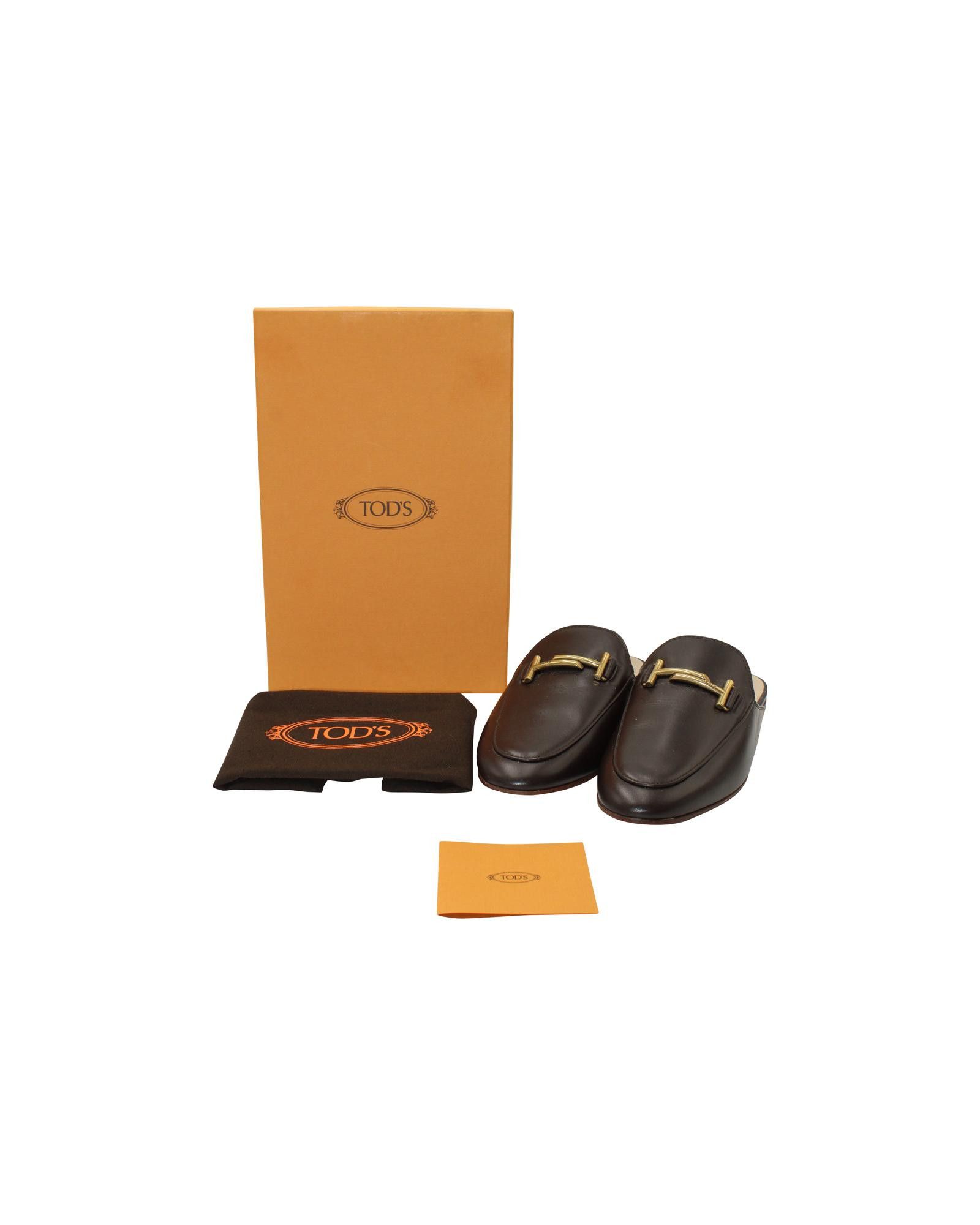 image of Tods Brown Leather Double T Mule Shoess With Gold-Tone Hardware Embellishment Shoes, Women's (Size 