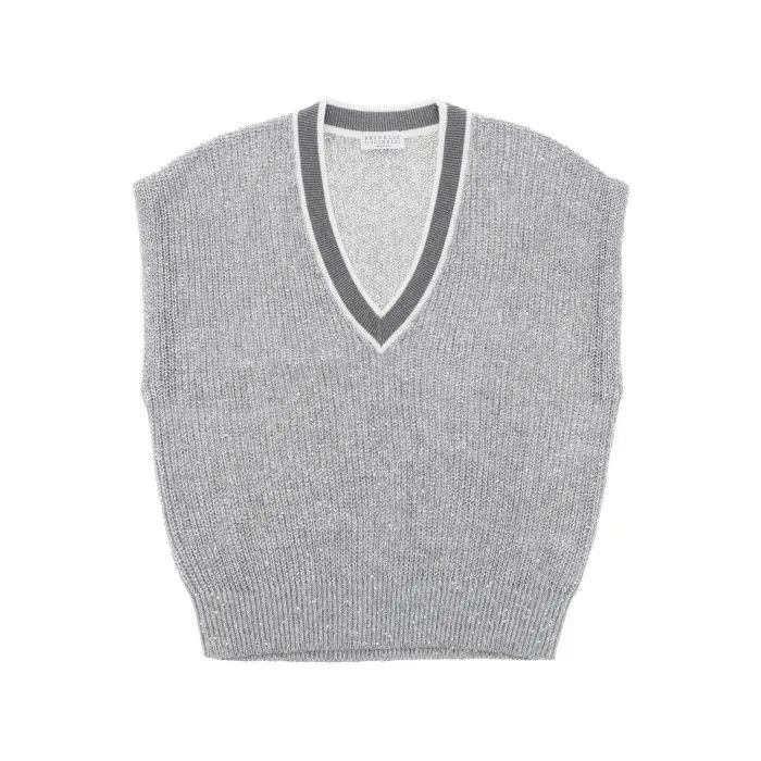 image of Brunello Cucinelli O1S22I1N0424 Linen Knit Top In Grey, Women's (Size Large)