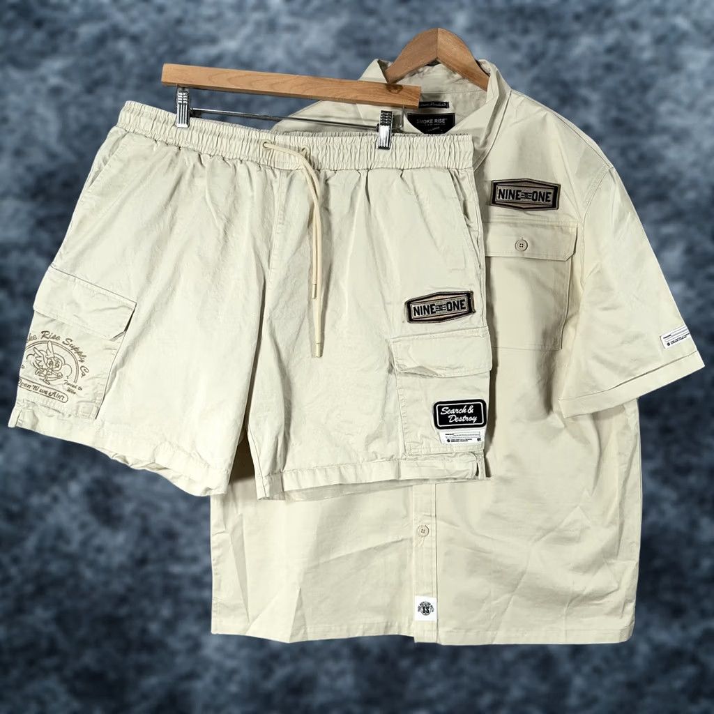Vintage Smoke Rise Cargo Shirt Set Mens 2XL Beige Elastic Waist 7" Inseam Patch Size US XXL / EU 58 / 5 - 1 Thumbnail