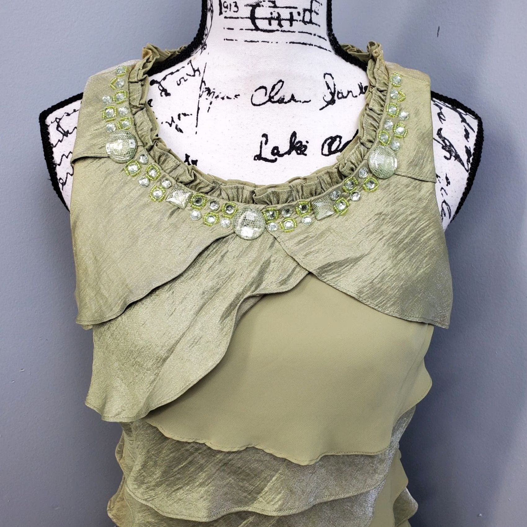Vintage S.L. Fashions Tiered Dress Womens 14 Green Ruffle Embellished Jewel Neck Detail Dress Size XL / US 12-14 / IT 48-50 - 3 Thumbnail