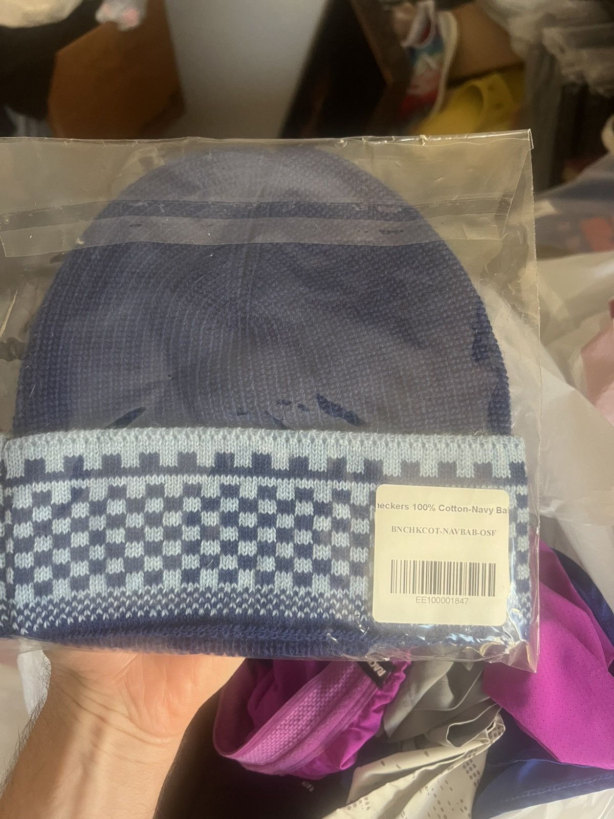 Eric Emanuel Eric Emanuel EE navy & baby blue checker winter hat beanie Size ONE SIZE - 2 Thumbnail