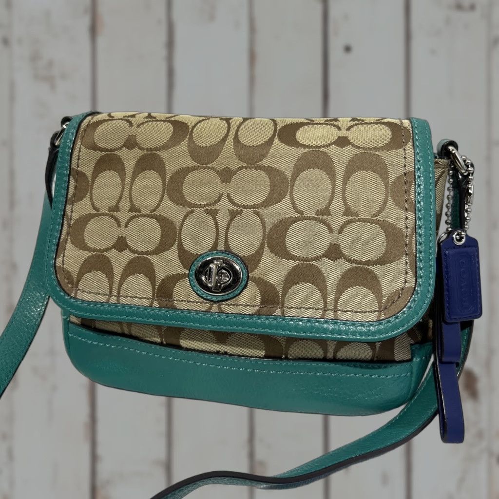 Coach Coach Signature Brown Green Canvas Messenger Bag Crossbody, Small, Women, F23286 Size ONE SIZE - 1 Thumbnail