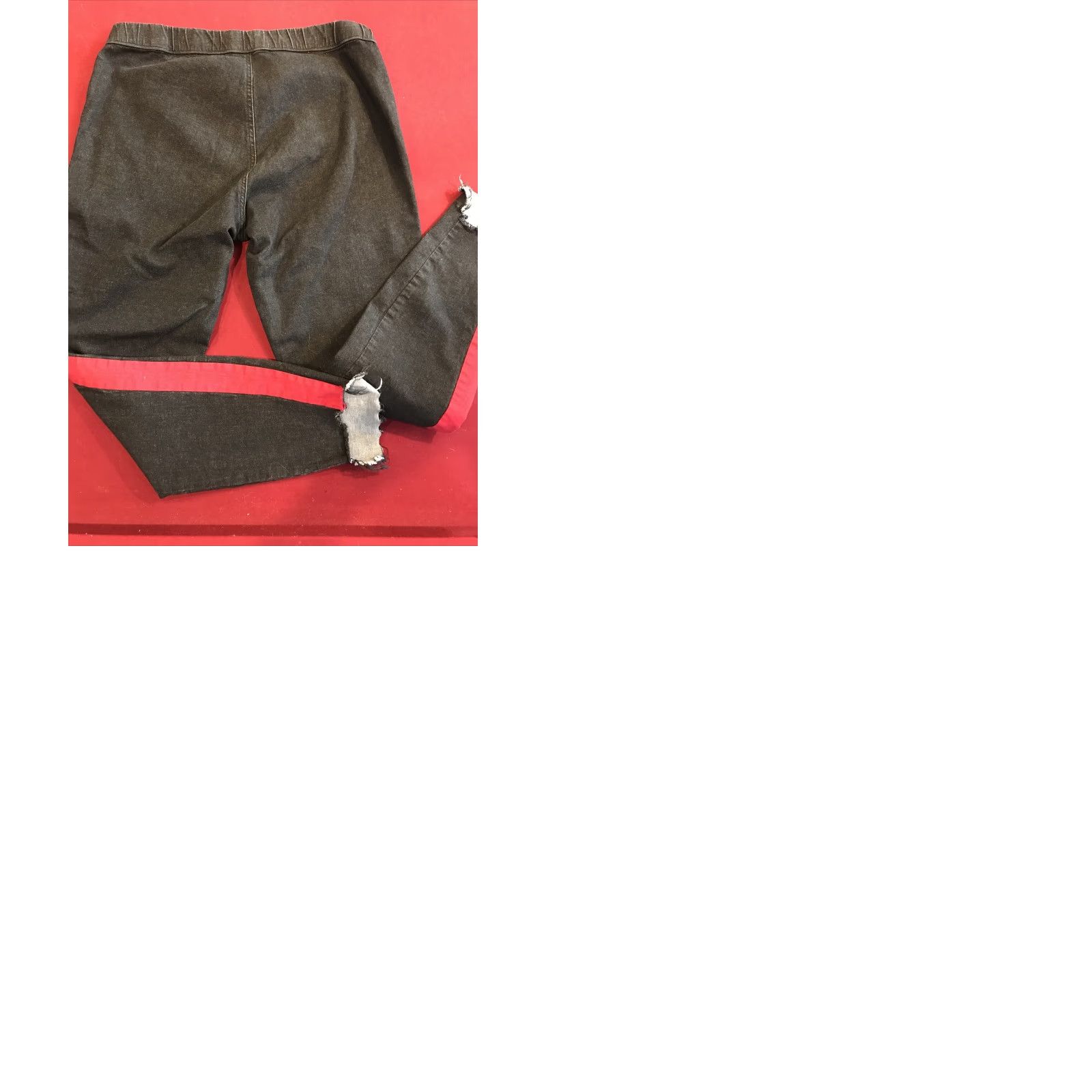 Denime VINTAGE? No. Black PANTS Red Side Leg STRIPES Tuxedo Denim Skimmer Frayed Cuff Gothic Punk XL Size 40" / US 18 - 9 Thumbnail