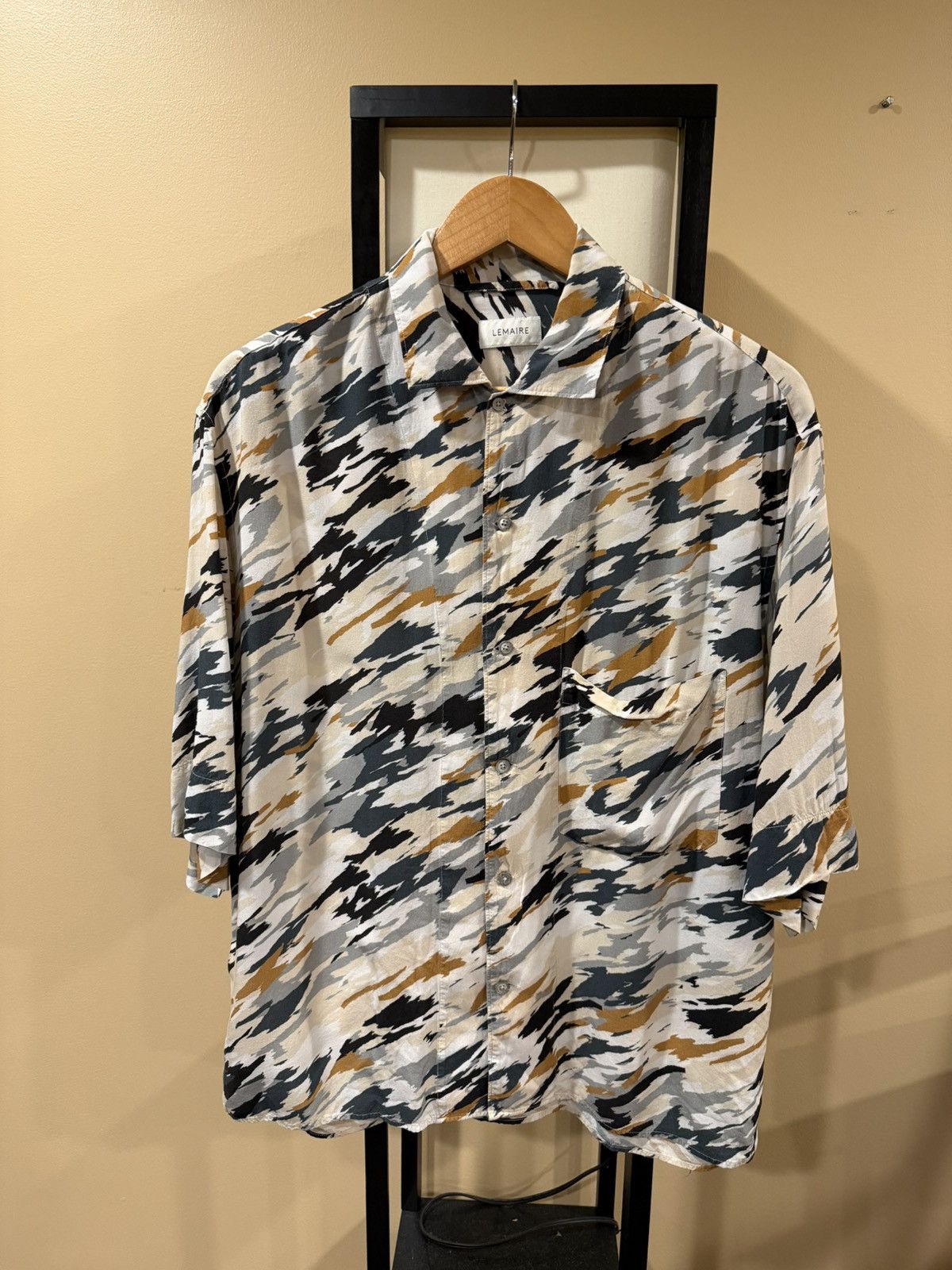 Lemaire Cream Tiger Camo SS18 Convertible Collar Shirt