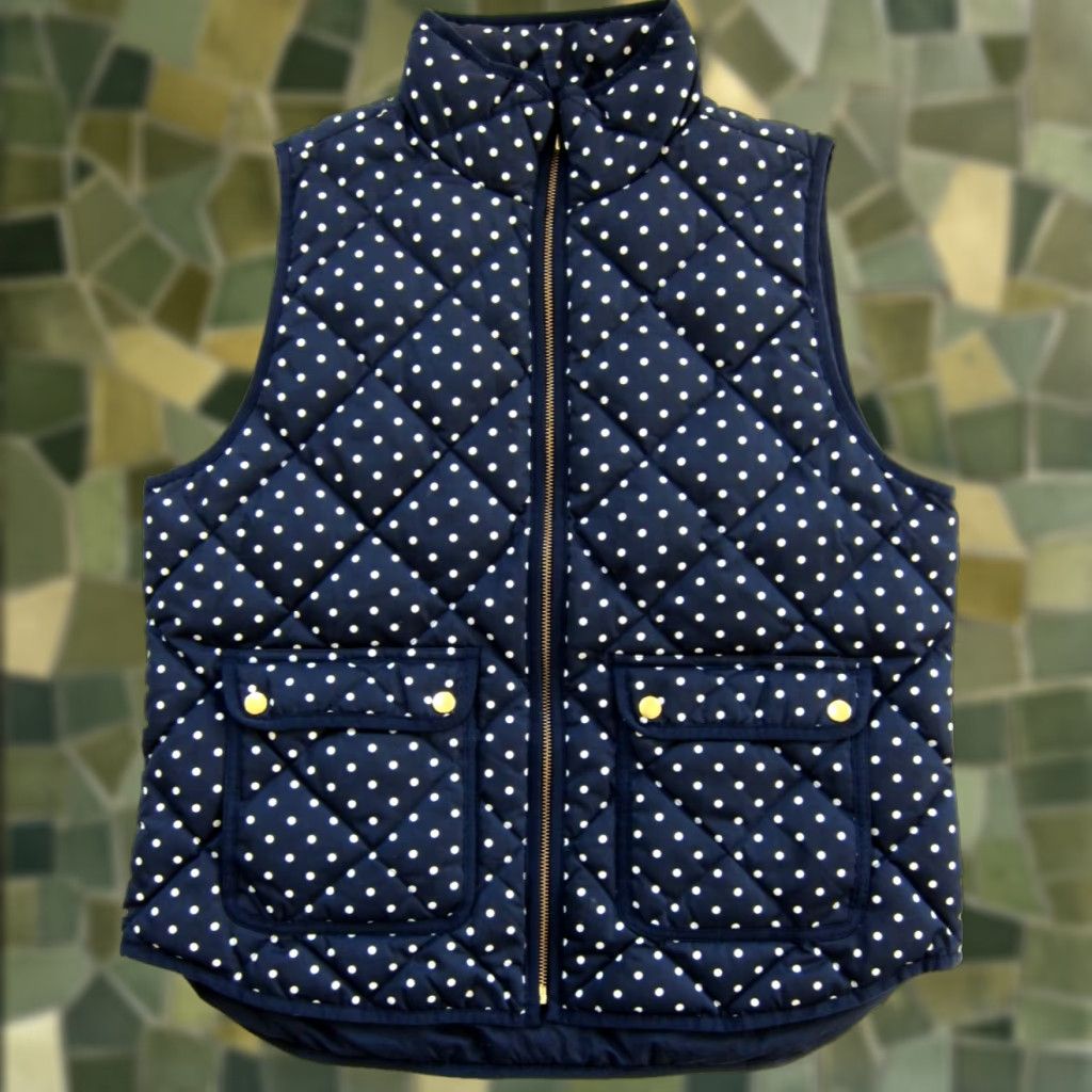 J.Crew J.CREW Navy Blue White Polka Dot Quilted Full Zip Puff Vest Women L Size L / US 10 / IT 46 - 1 Thumbnail