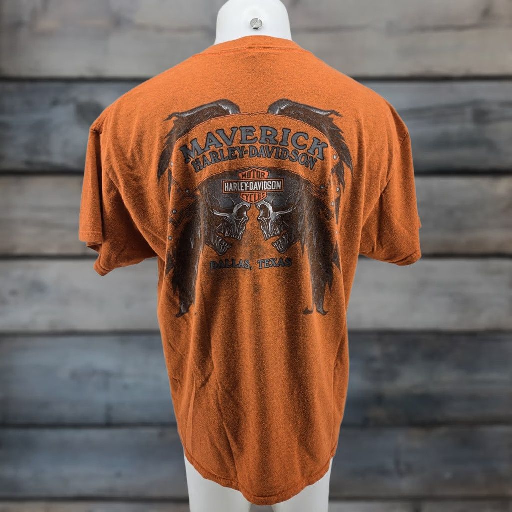 Harley Davidson Maverick Harley-Davidson Orange T-Shirt Dallas Texas Men's XL DBL Sided Graphic Shirt Size US XL / EU 56 / 4 - 1 Thumbnail