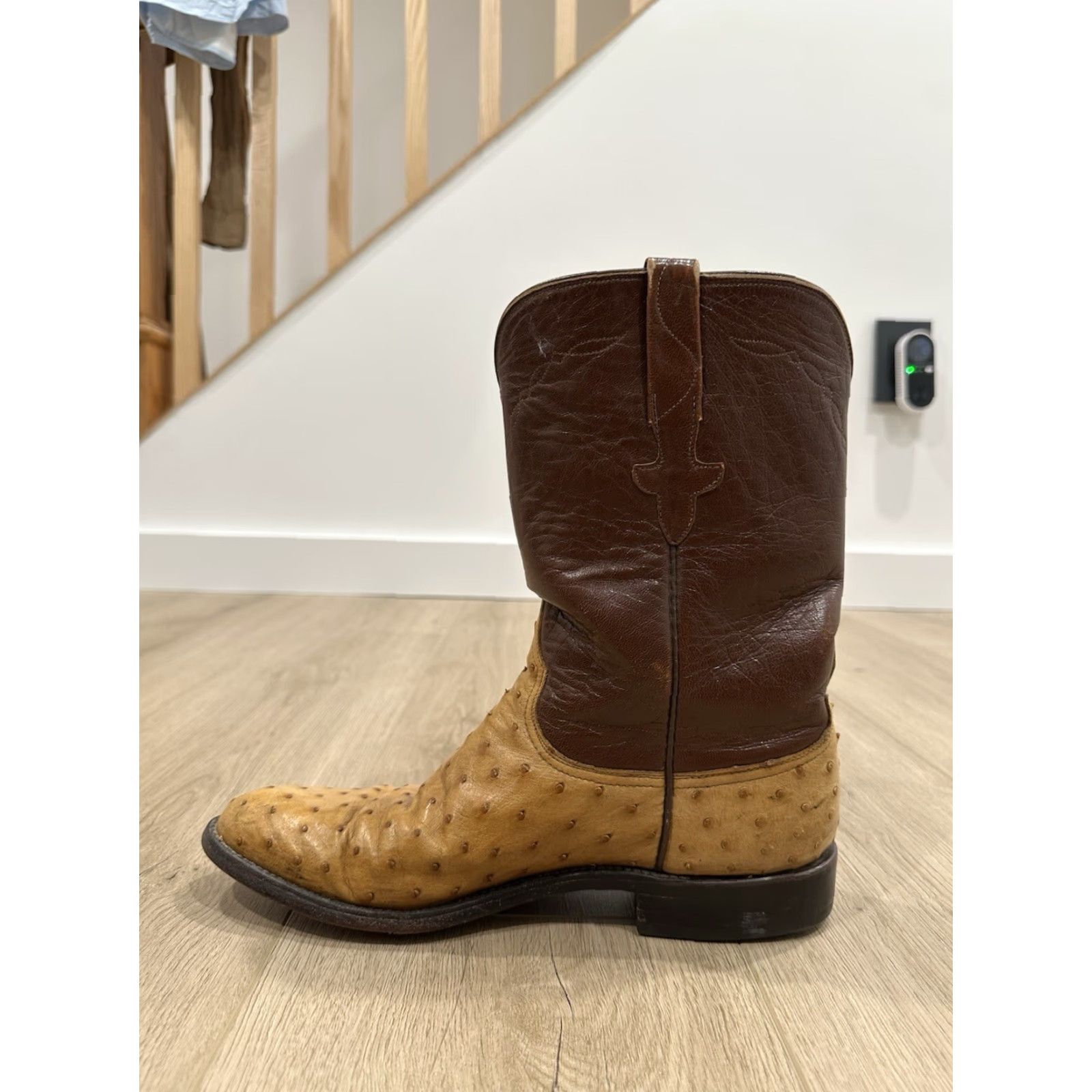 Roper Lucchese Boots Men 9B Full Quill Ostrich Roper L8128 Brown Leather Western Shoe Size 9 Mens Steps Pull On Size US 9 / EU 42 - 6 Thumbnail