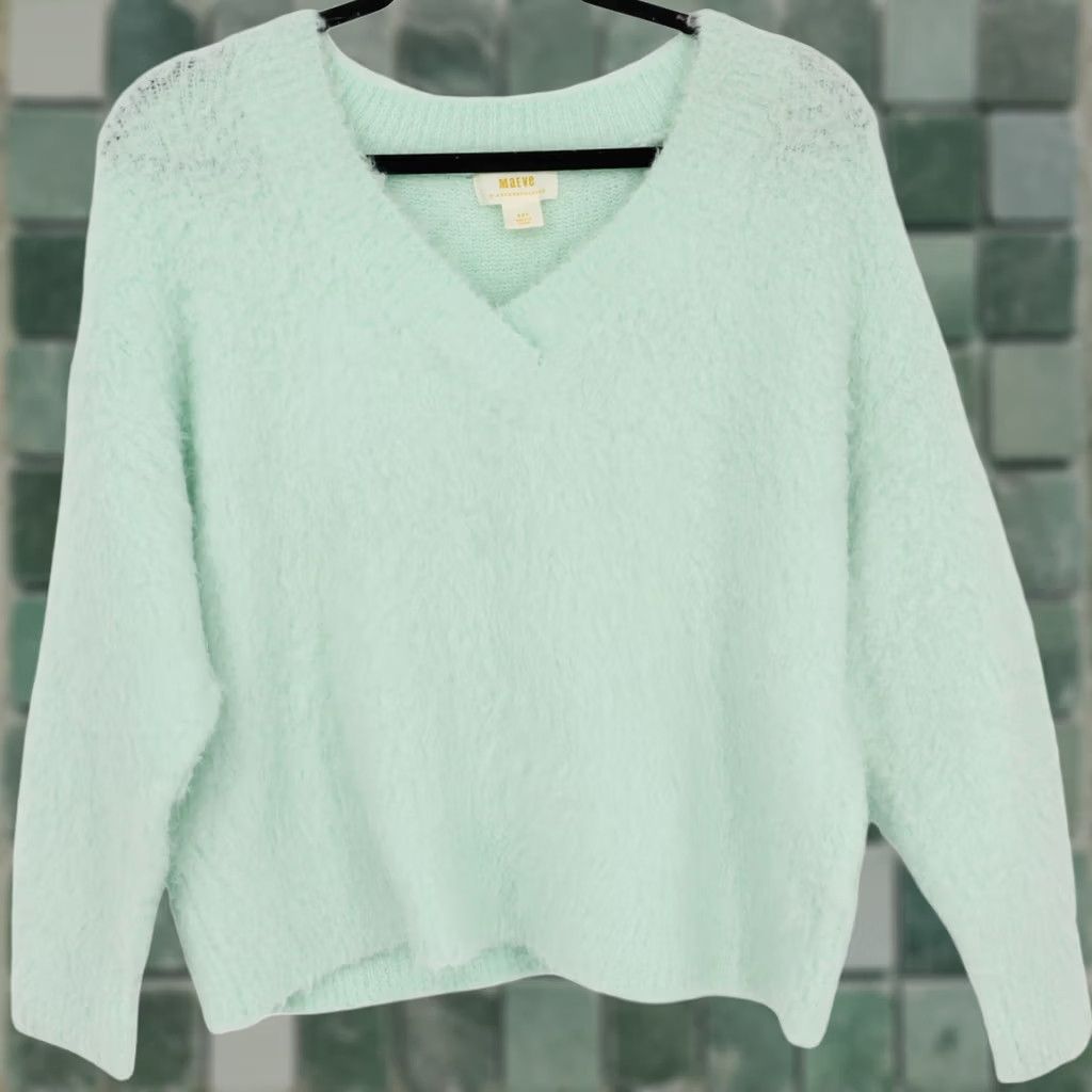 Vintage Maeve Anthropologie Plush V-Neck Sweater Oversized Shaggy XS Mint Green Women Size XS / US 0-2 / IT 36-38 - 1 Thumbnail