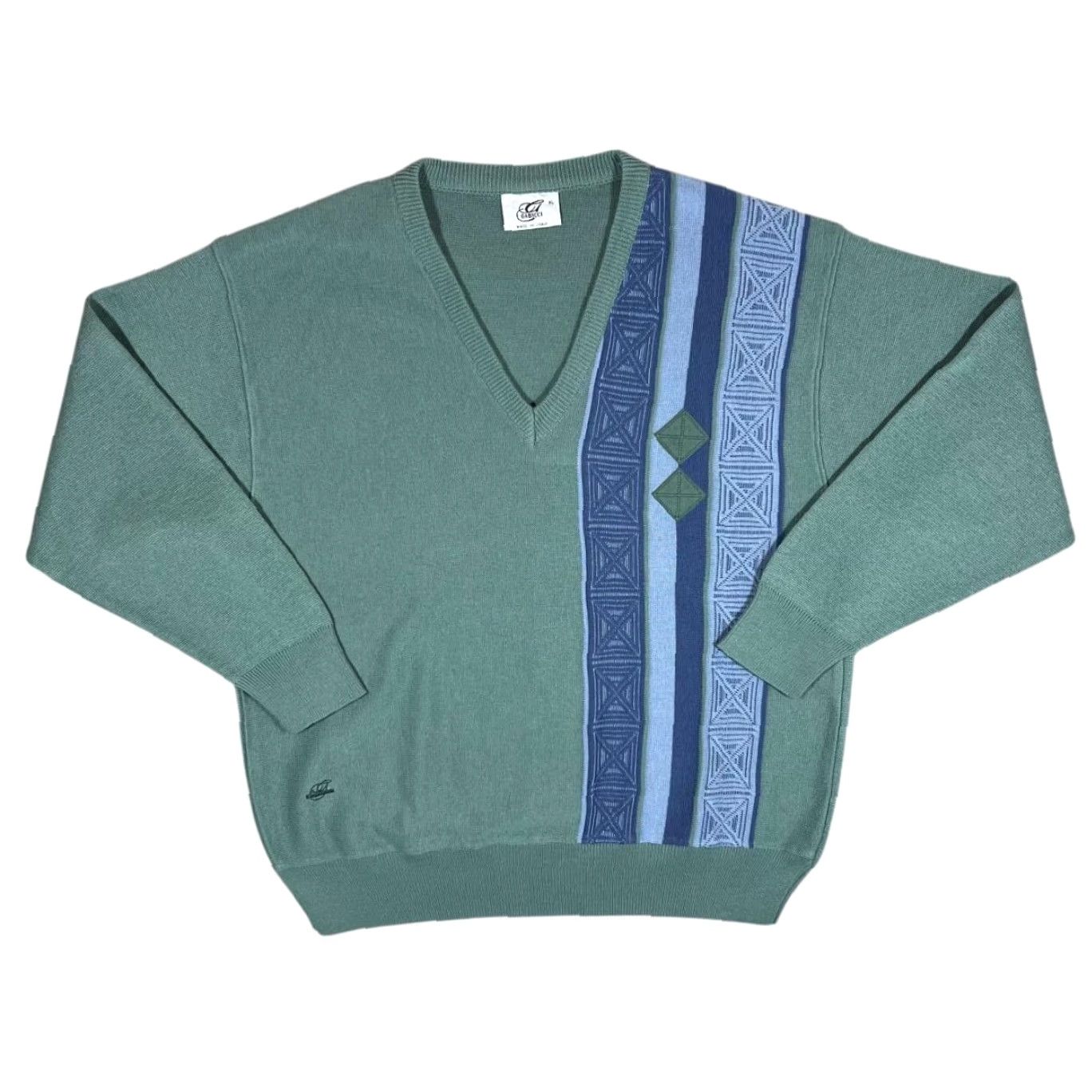 Gabicci VINTAGE Gabicci Grandad Patterned V-Neck Wool Jumper XL Men Dare Green-Blue Knit Pullover 50% Wool 50% Acrylic Size US XL / EU 56 / 4 - 2 Thumbnail