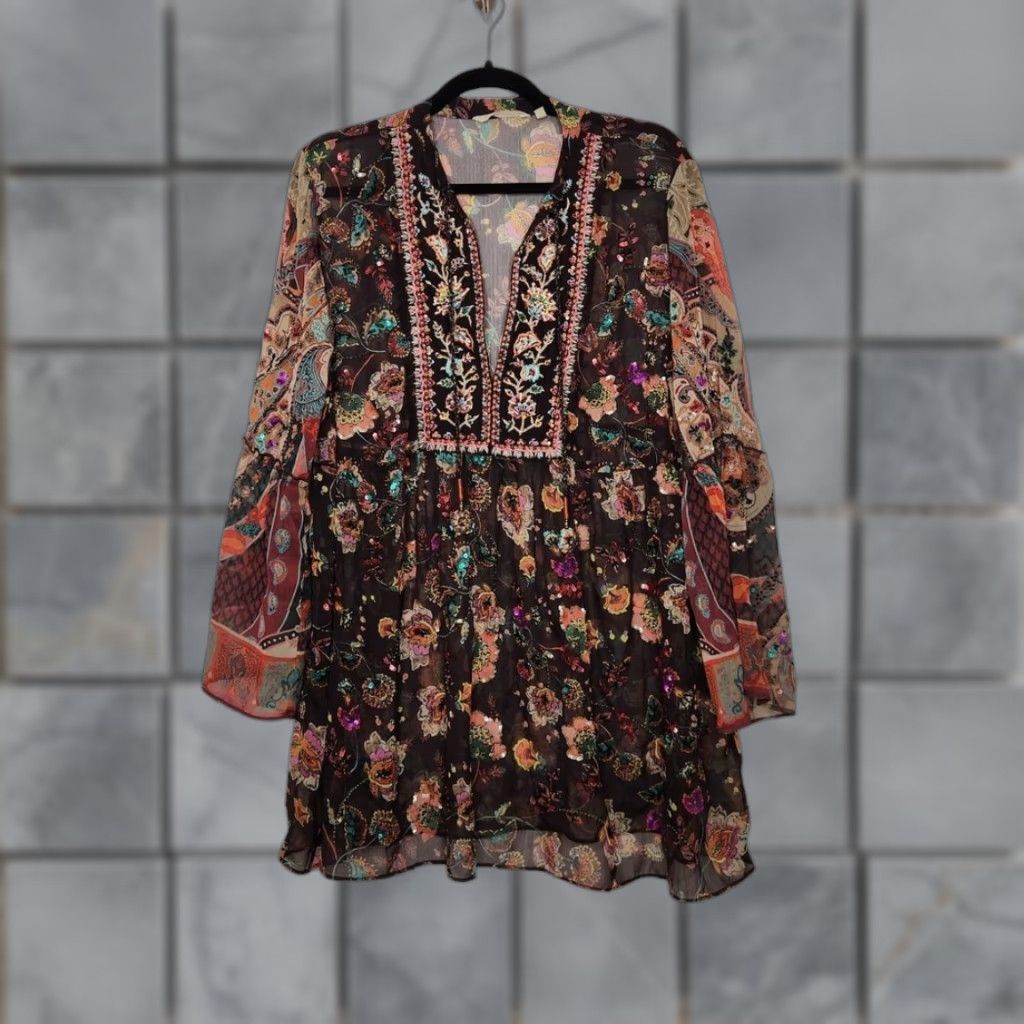 Soft Surroundings Soft Surroundings Shirt Women L Multicolor Boho Beaded Sequence Embroidered Sheer Oversized Flowy Blouse Size L / US 10 / IT 46 - 1 Thumbnail