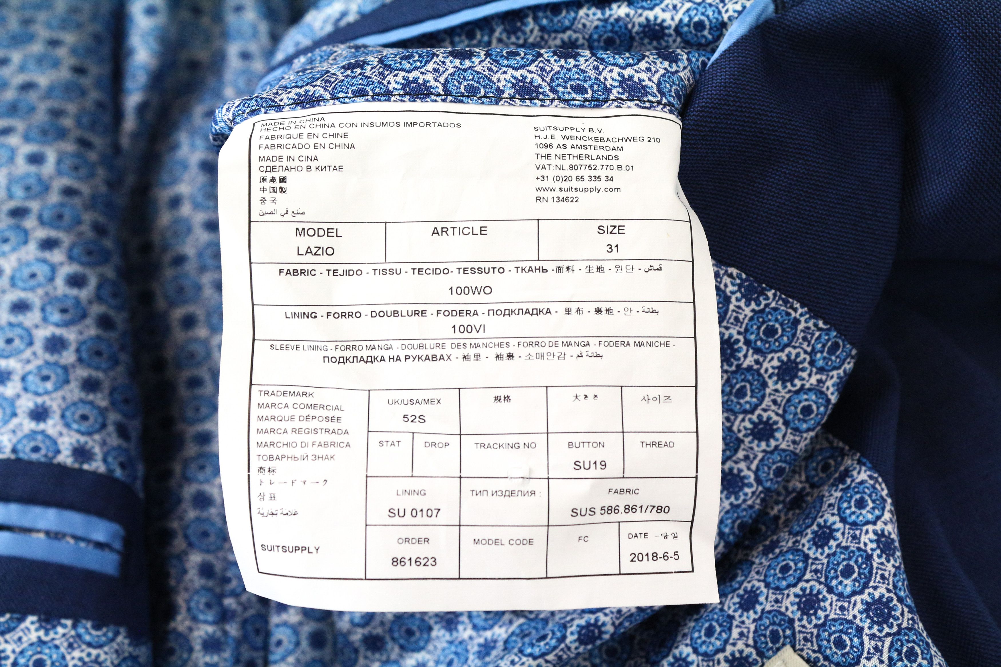 Suitsupply LAZIO UK52S Blue Wool Lined Single-Breasted Blazer 60970 Size 52S - 4 Thumbnail