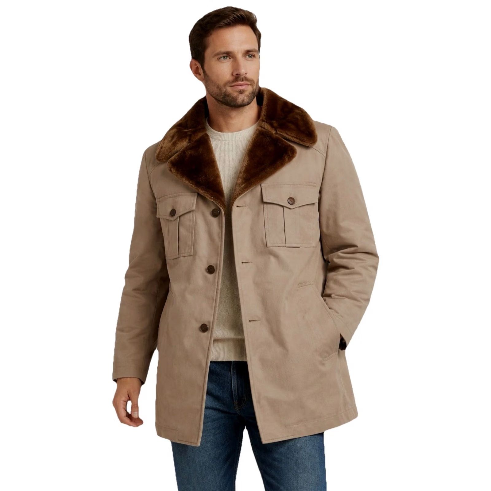 London Fog VINTAGE London Fog Mens Trench Coat Overcoat Tan Car Coat Faux Fur Collar Pile Lined Long Coat 40R Beige Size US XXS / EU 40 - 2 Thumbnail