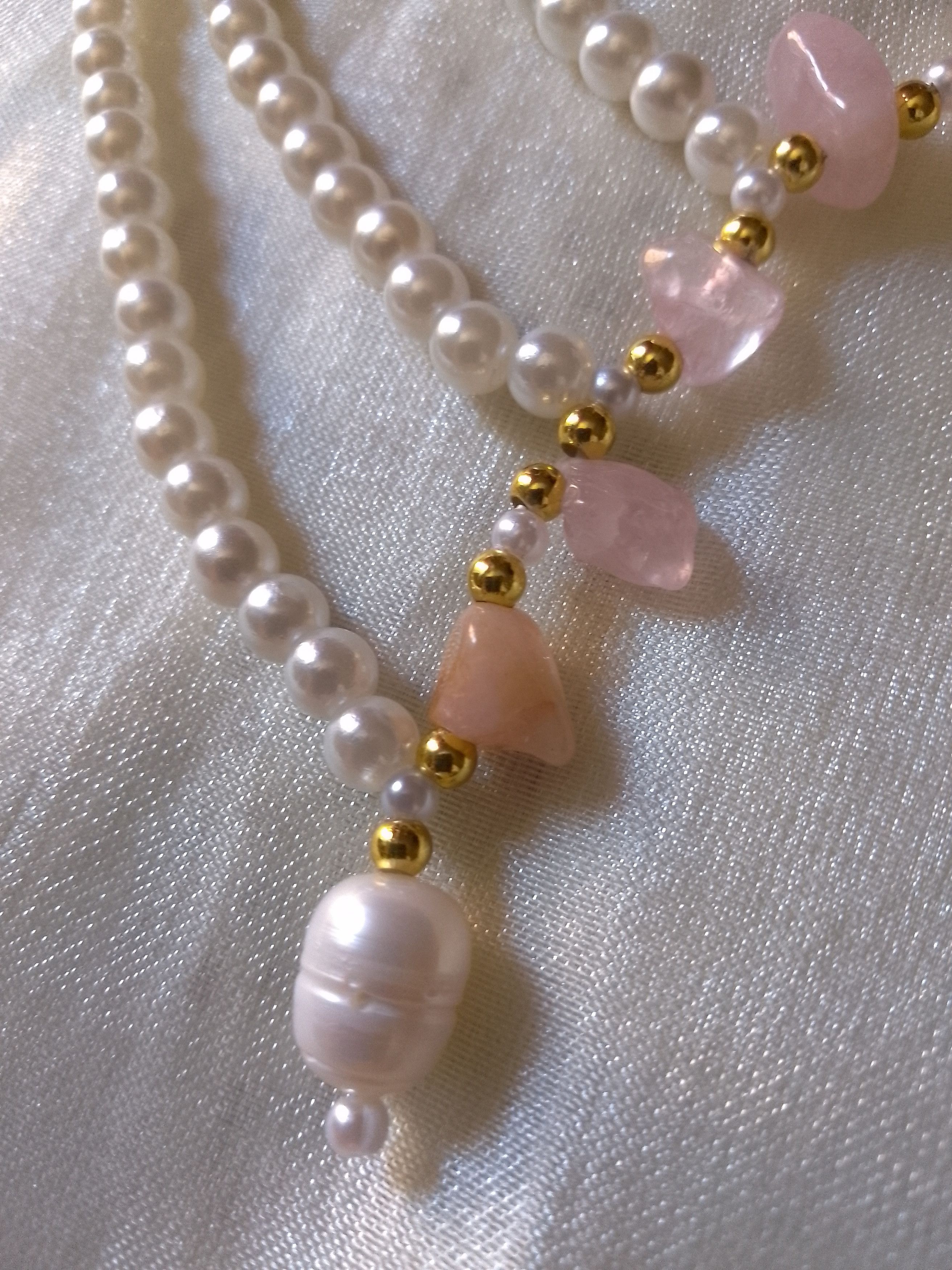 Handmade Necklace Rose Quartz Pearls Elegant Multi thread Size ONE SIZE - 5 Thumbnail