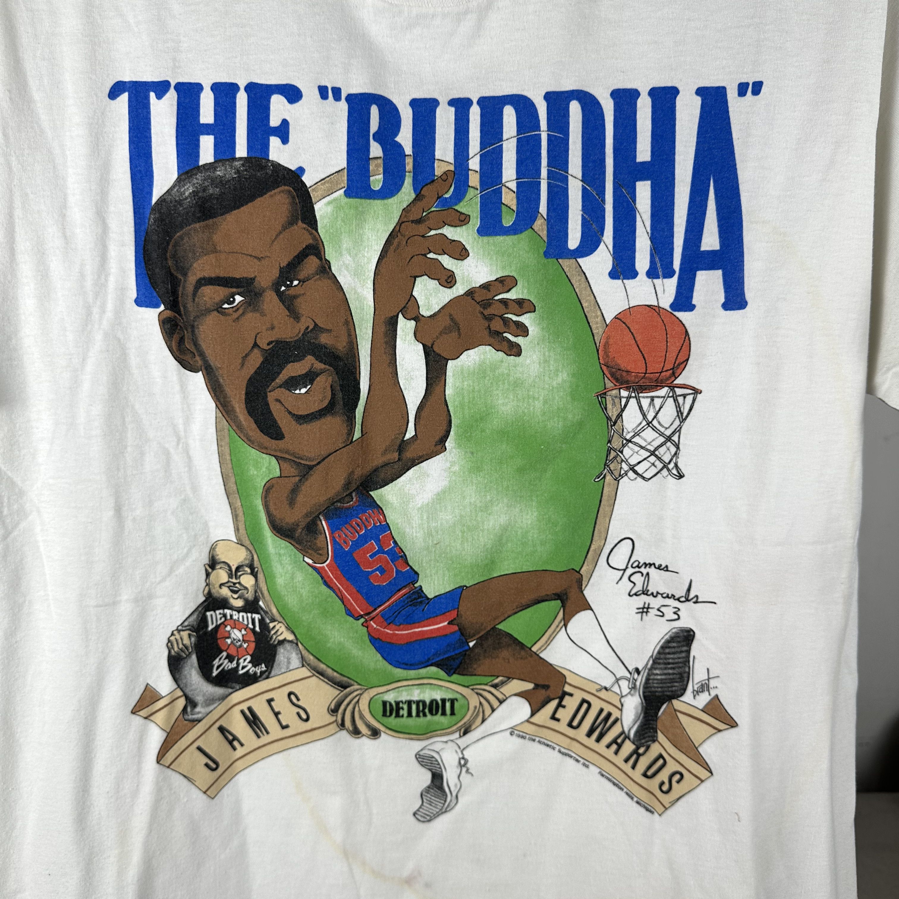 Vintage 1990 James Edwards The Buddha Detroit Pistons NBA T-shirt Size US L / EU 52-54 / 3 - 2 Thumbnail