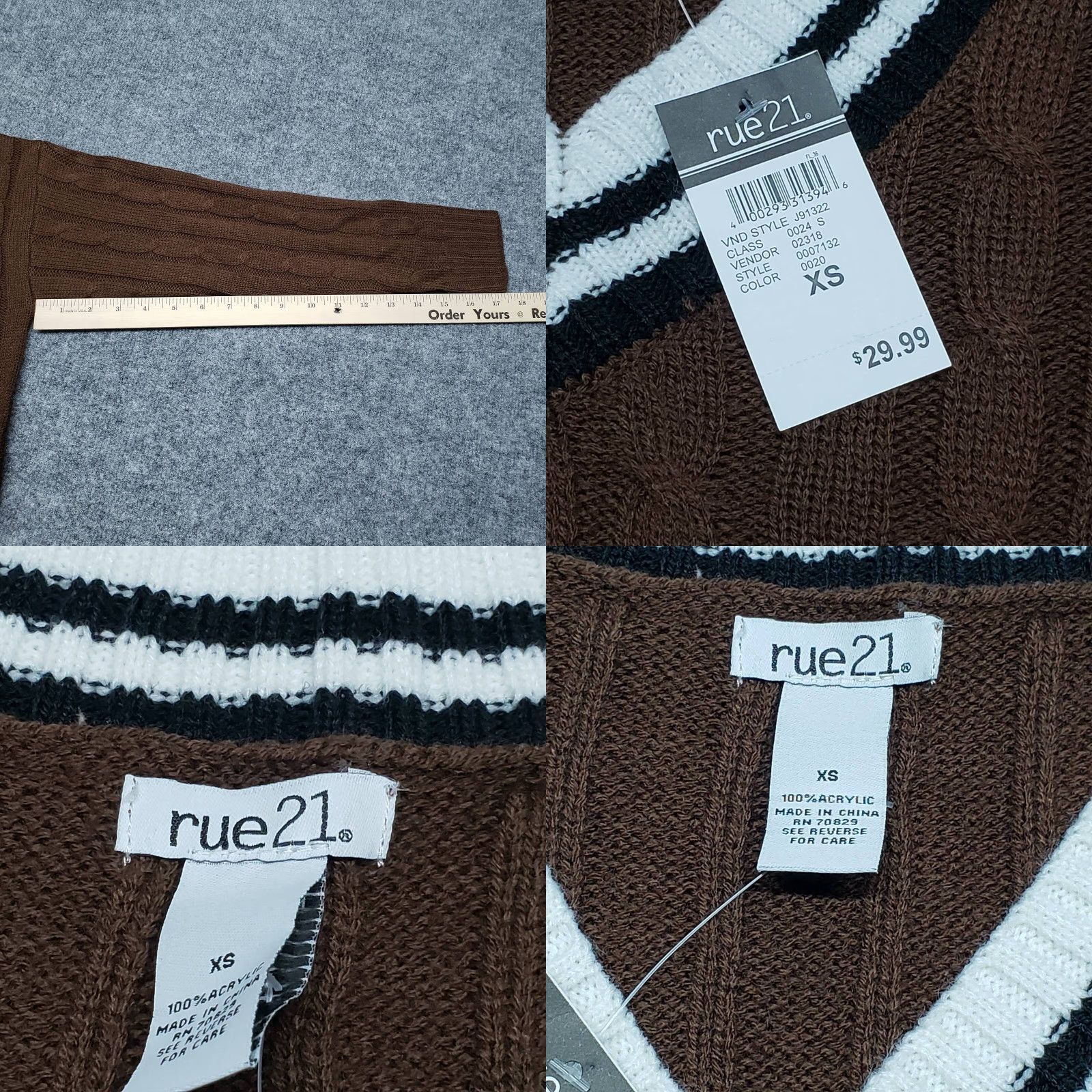 Vintage Rue21 Sweater Womens XS Brown Striped Long Sleeve V-Neck Cable Knit Pullover New Size XS / US 0-2 / IT 36-38 - 8 Thumbnail
