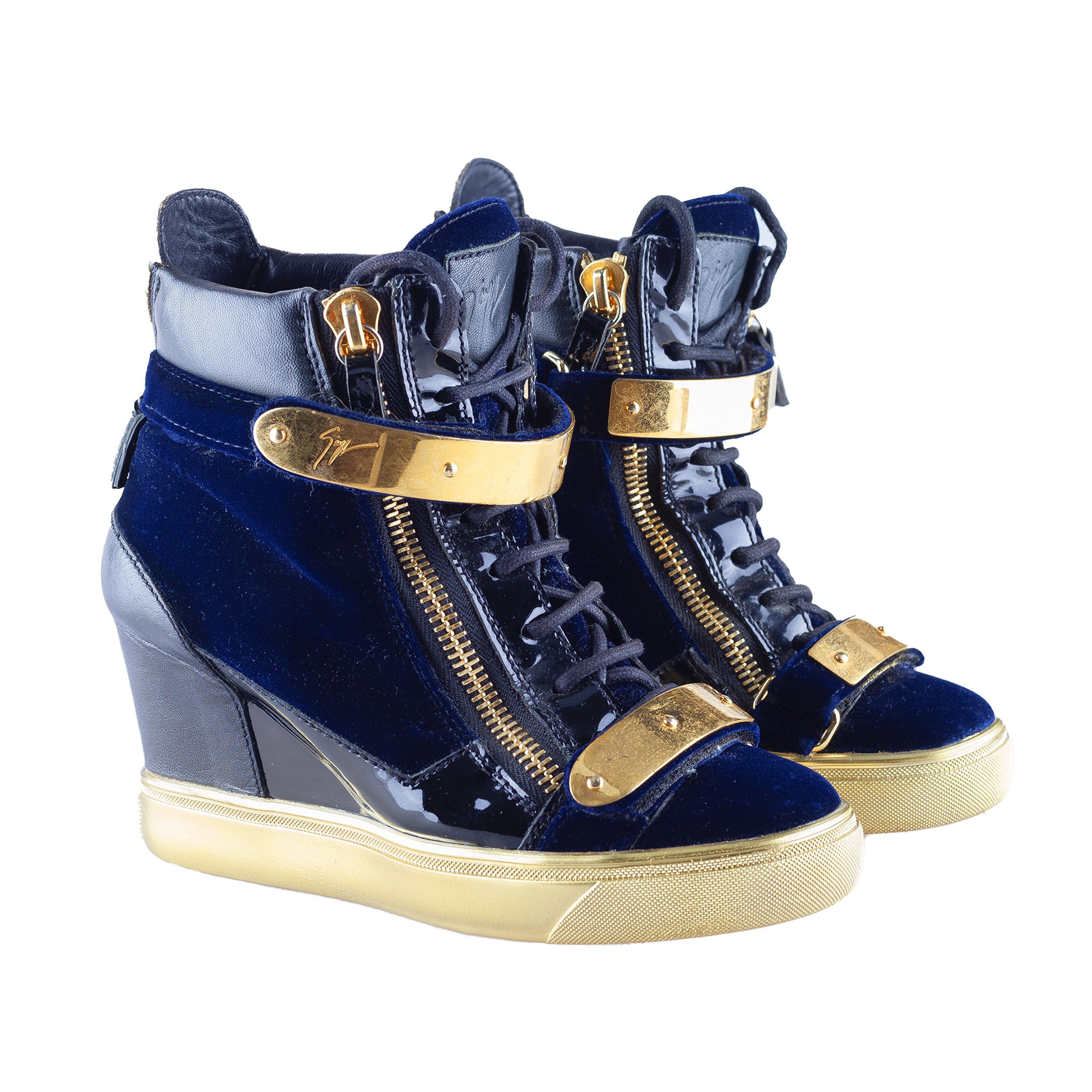 Giuseppe Zanotti Giuseppe Zanotti Navy Golden Velour Wedge Sneakers Size US 6.5 / IT 36.5 - 4 Thumbnail