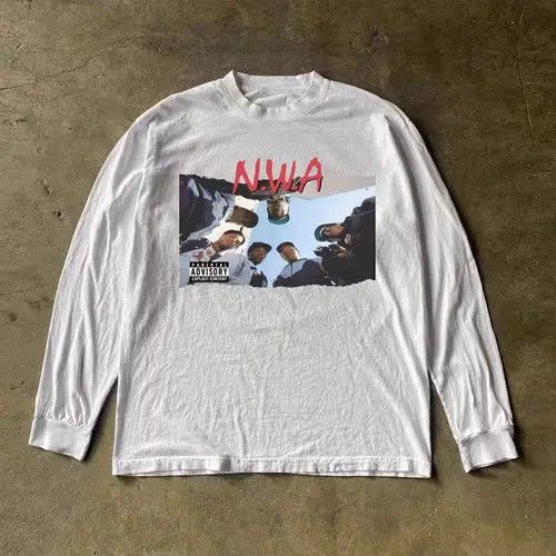 VIBE White cotton long-sleeved t-shirt with retro band pattern Size US L / EU 52-54 / 3 - 1 Thumbnail