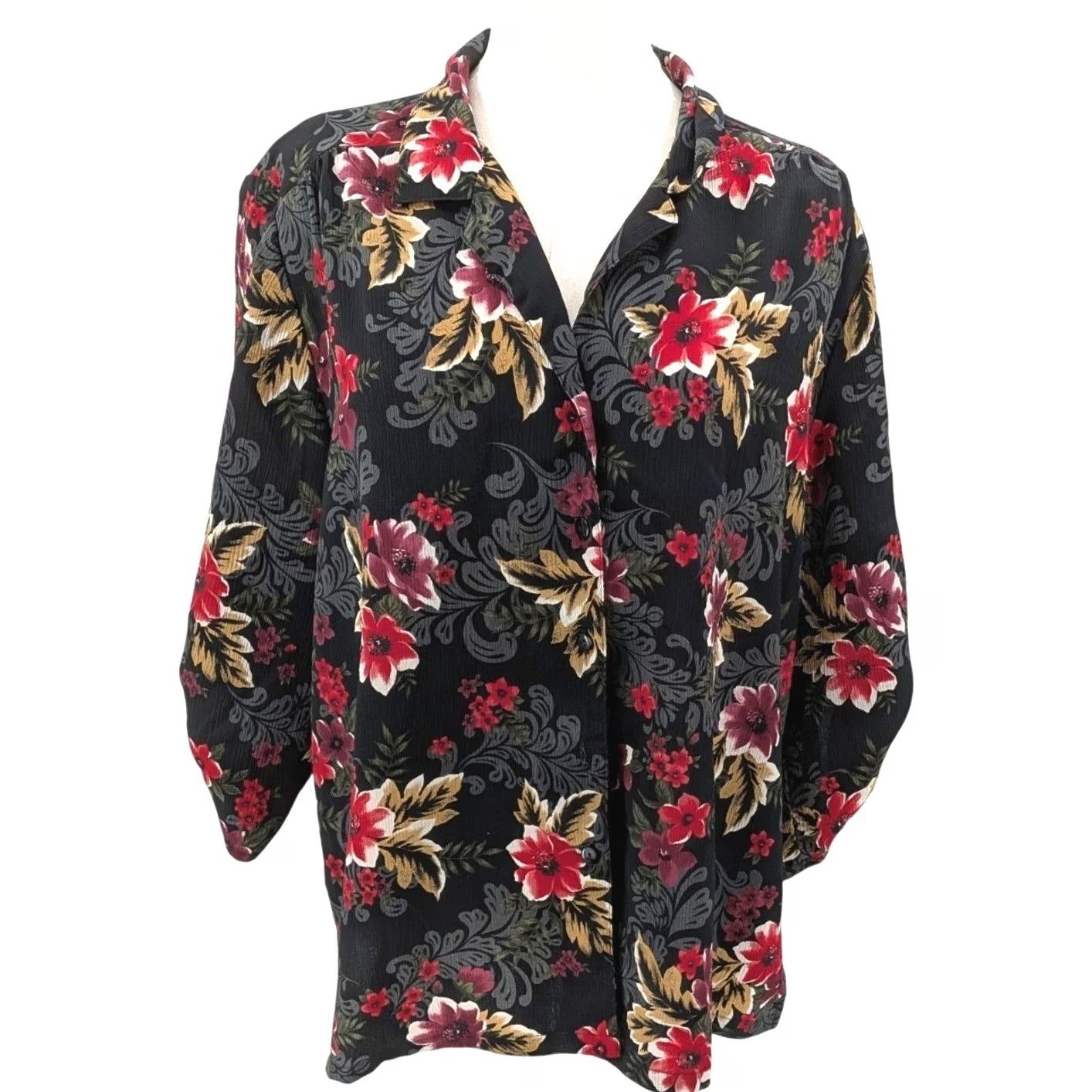Vintage VINTAGE Donkenny Blouse Women's XL Black Red Floral Lightweight Button Front Romantic Feminine Shirt Size XL / US 12-14 / IT 48-50 - 2 Thumbnail
