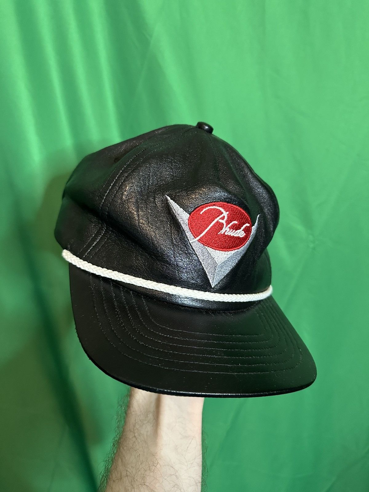 image of Rhude Pure Leather Vintage Logo Embroidered Snapback Baseball Cap in Black, Men's