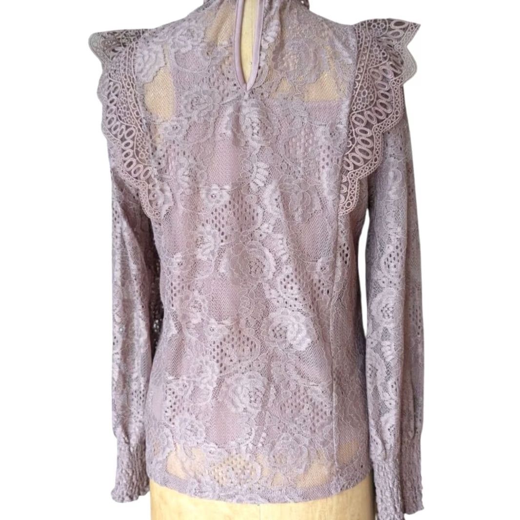 Vintage Cable & Gauge Floral Lace Mock Neck Ruffle Blouse S Women Long Sleeve Purple) Size S / US 4 / IT 40 - 4 Thumbnail