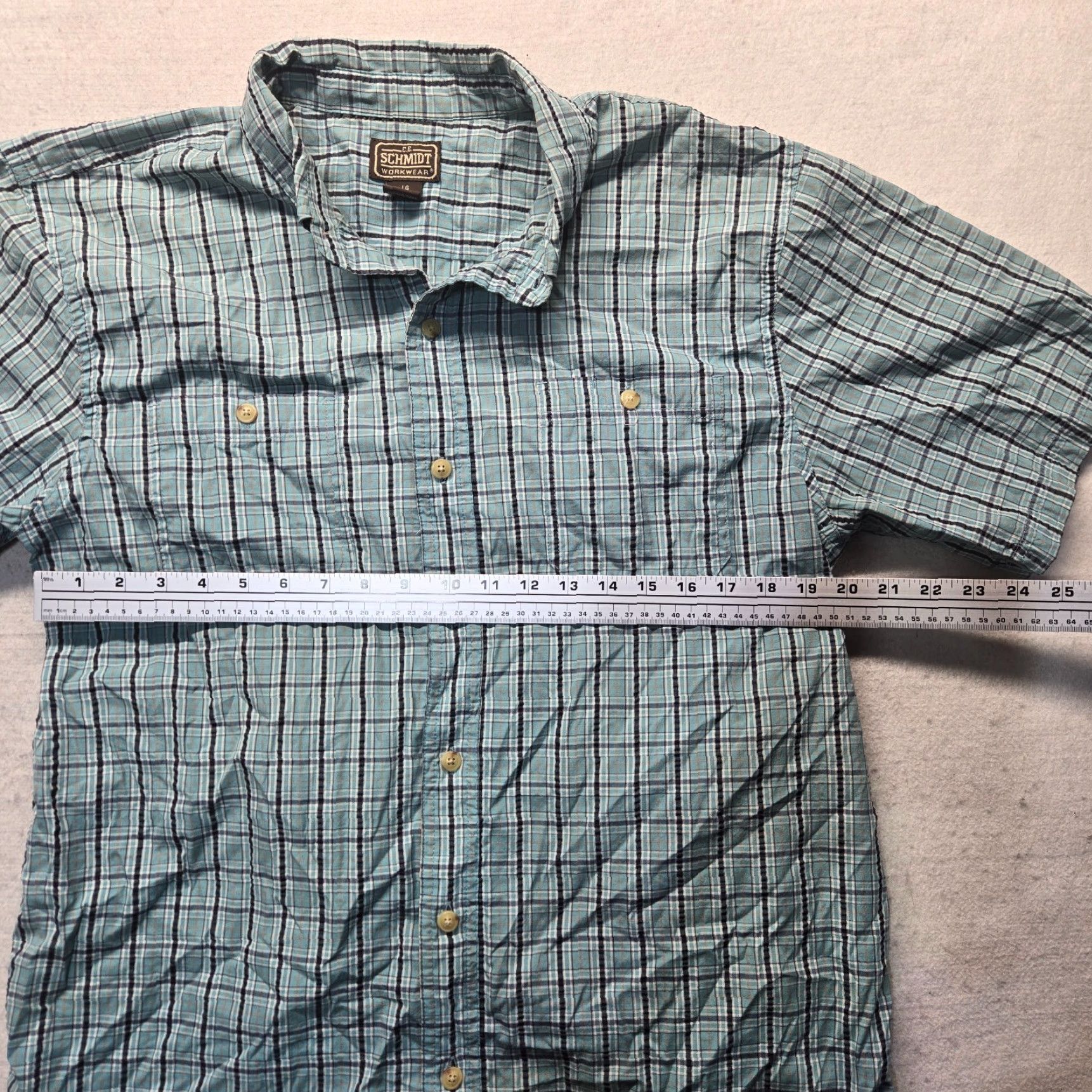 Vintage Schmidt Shirt Blue Plaid Short Sleeve Button-Up Adult Men L Large Pocketed 100% Cotton Button-Down Collar Outdoor Size US L / EU 52-54 / 3 - 4 Thumbnail