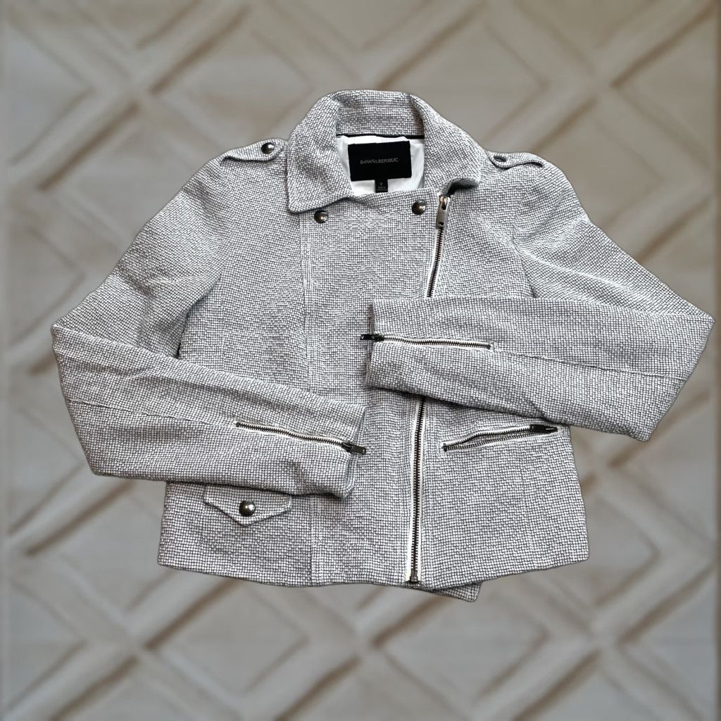 Banana Republic VINTAGE Banana Republic Motorcycle Jacket Womens 2 White Square Jacquard Angle Zip Size XS / US 0-2 / IT 36-38 - 1 Thumbnail