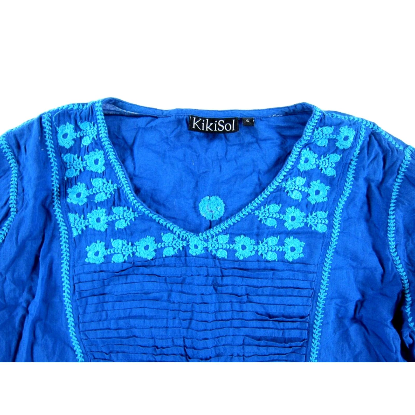 Vintage KikiSol 100% Cotton Blue Embroidered 3/4 Sleeve V-Neck Tunic Peasant Blouse S - Womens Shirt Size S / US 4 / IT 40 - 4 Thumbnail