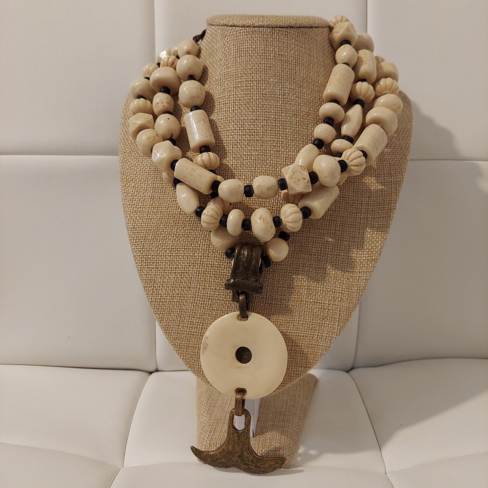 Vintage Antique Handmade Beige Beaded Bronze 20" Statement Necklace Size ONE SIZE - 1 Thumbnail