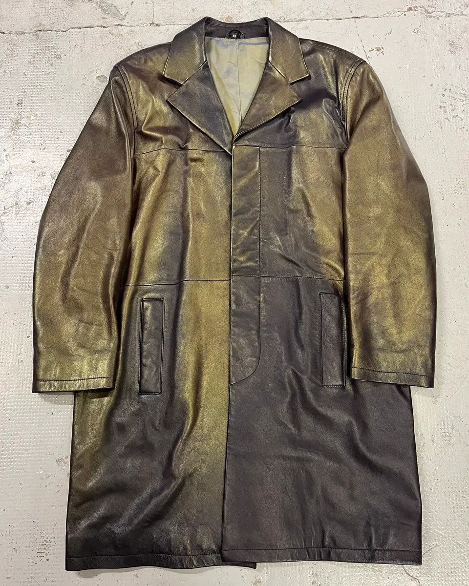 Versace 1990s Versace Brown Metallic Gold Leather Coat Size US M / EU 48-50 / 2 - 1 Thumbnail