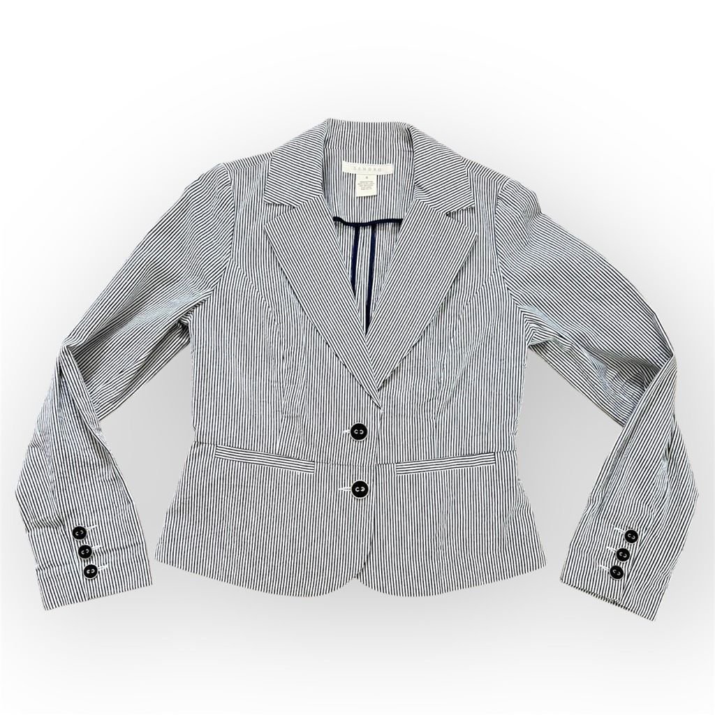 Sandro Sandro Seersucker Navy Blue White Pinstripe Cotton Blazer Ja Size S / US 4 / IT 40 - 1 Thumbnail