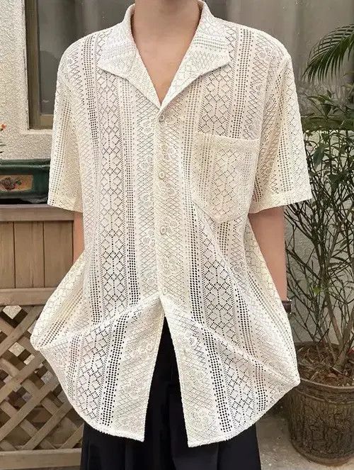 VIBE Korean fashion beige retro lace hollow button up shirt Size US XL / EU 56 / 4 - 5 Thumbnail