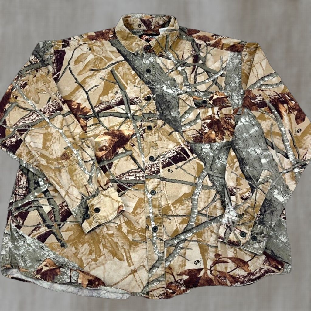 Denime VINTAGE Fusion 3D Camo Shirt Men XL Brown Button Up Twill Denim Woods Leaf VTG Y2K * Size US XL / EU 56 / 4 - 1 Thumbnail