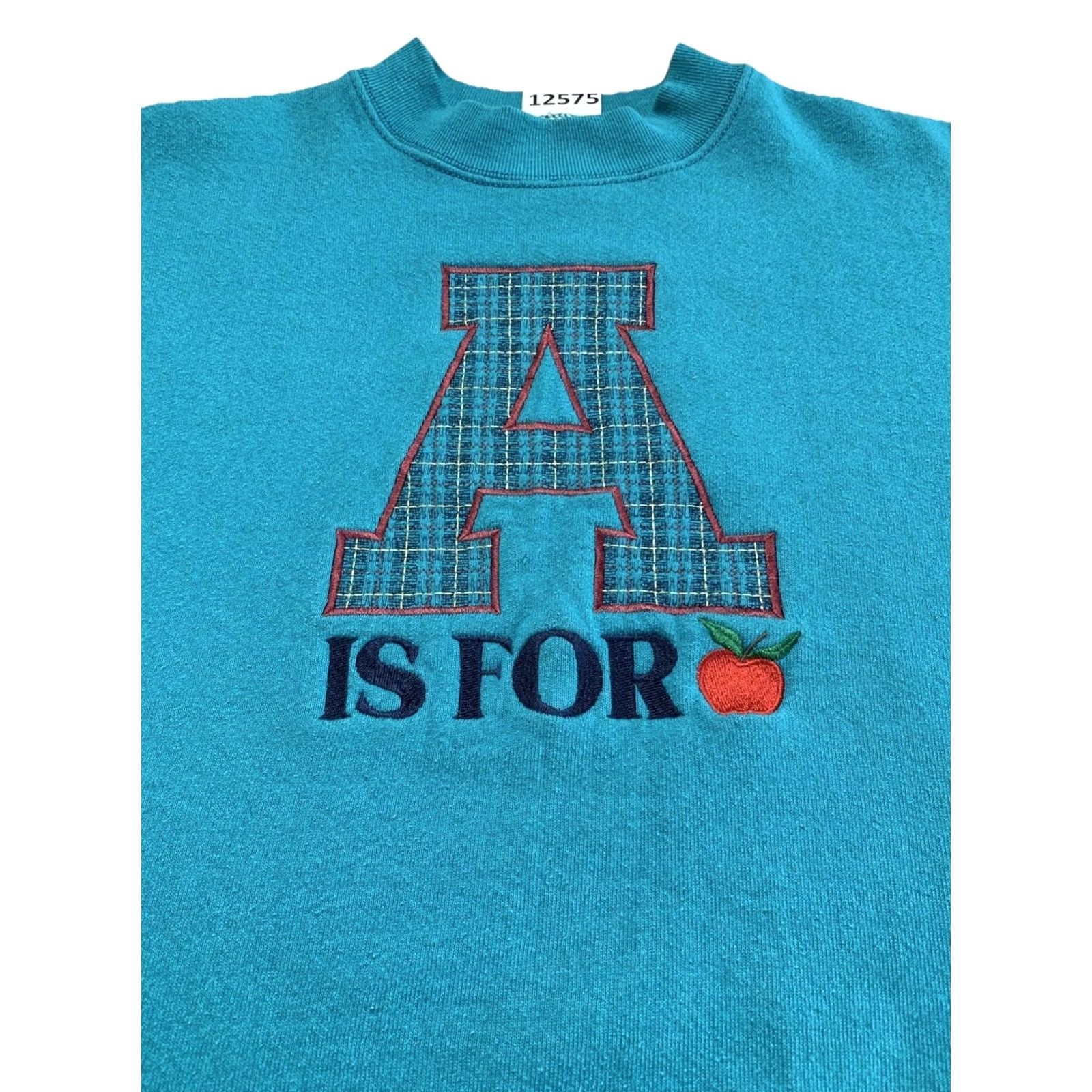 Fruit Of The Loom VINTAGE A is For embroidered Letter A Sweatshirt USA Fruit Of The Loom XL Teal Unisex Adults Crew Neck Long Sleeve Pullover 90s School Cotton Blend Size US XL / EU 56 / 4 - 2 Thumbnail