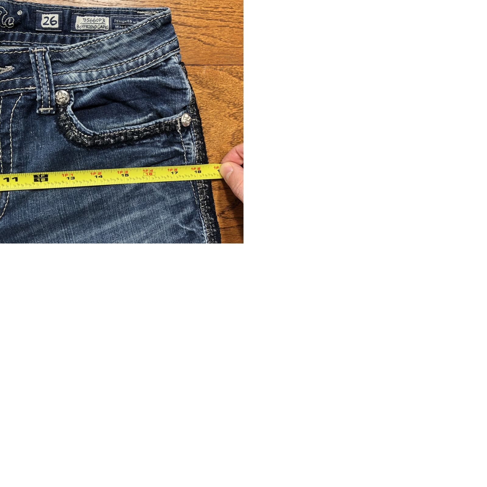 Miss Me Miss Me Jeans Women 5-Pocket Denim Boyfriend Regular Rise 8in Distressed Dark Wash Blue 26 X 24 IN Womens Jeans Size 29" - 9 Thumbnail